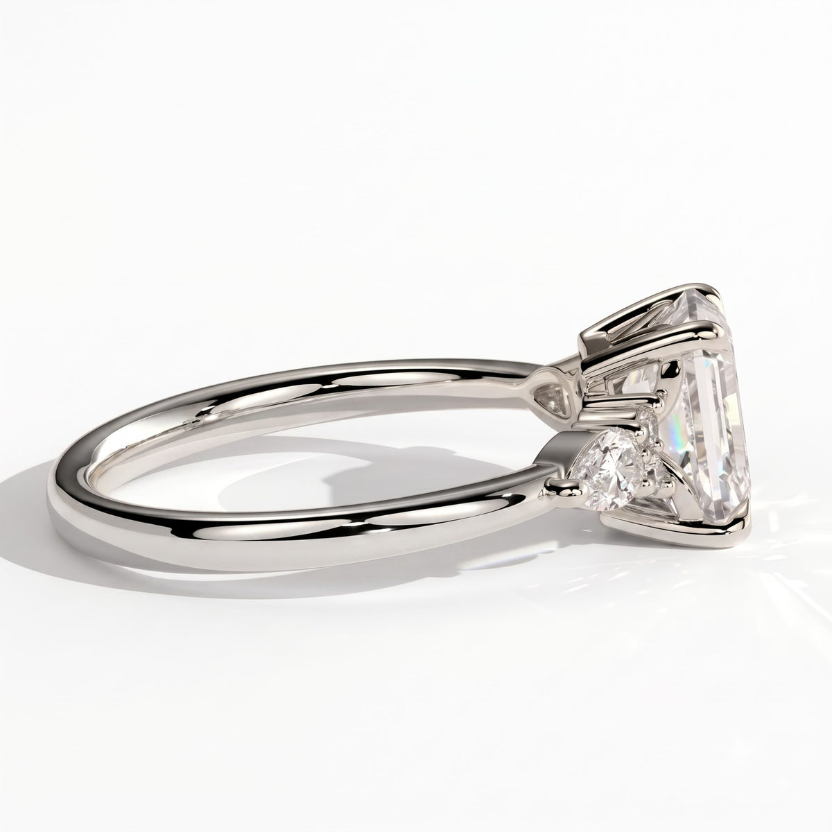 Emerald lab-grown diamond halo engagement ring in 18K (750) white gold, detail view