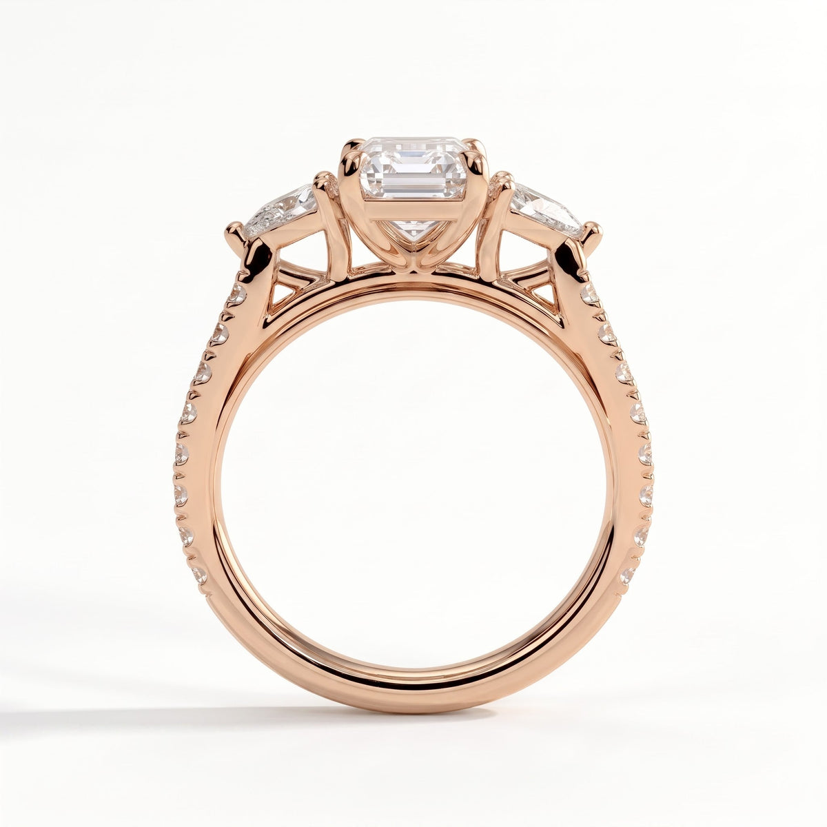 Ariadne Radiant Three Stone Ring 750 Rose Gold upright