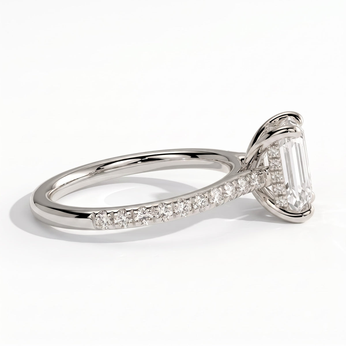 Emerald lab-grown diamond halo engagement ring in 950 platinum, detail view