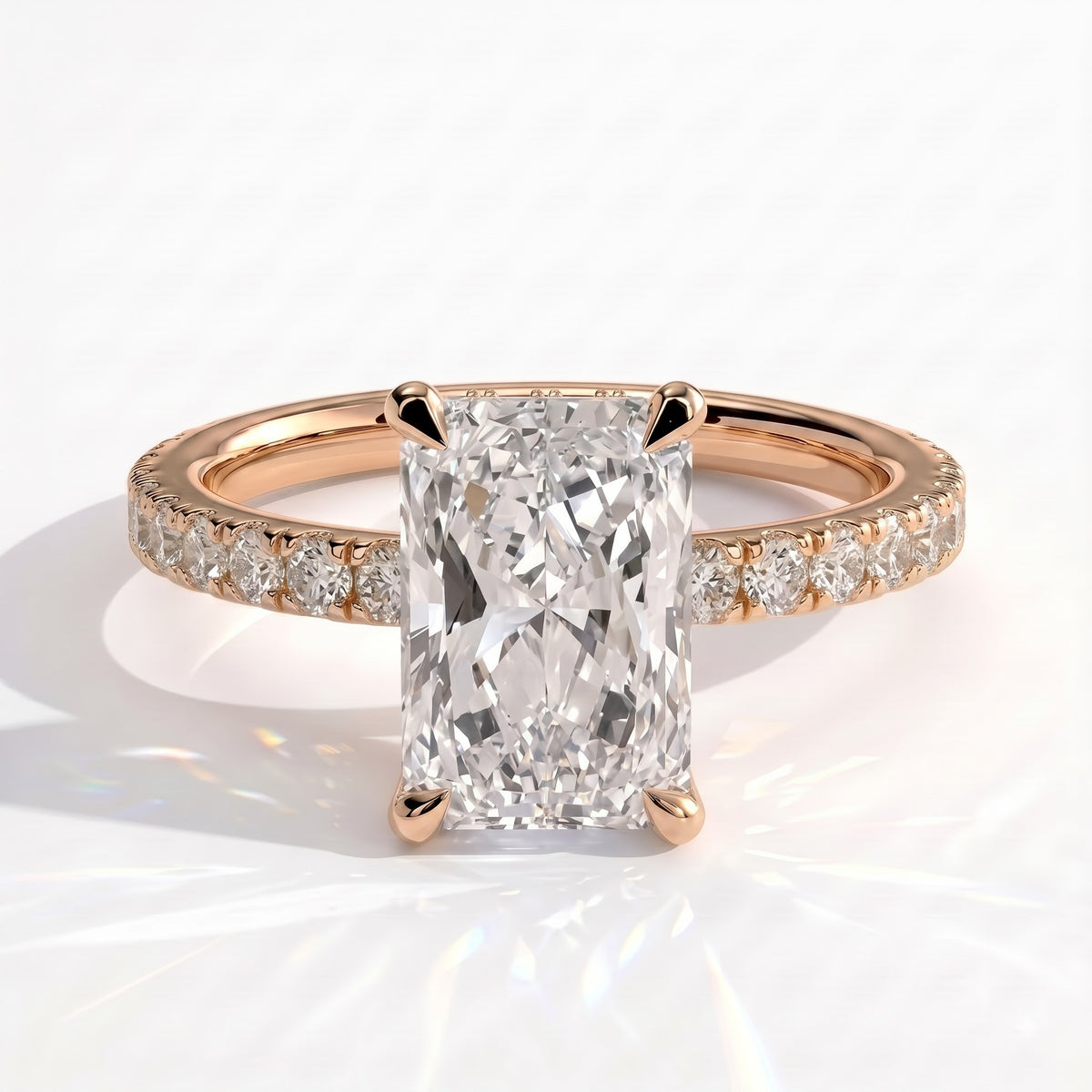 Radiant lab-grown diamond halo engagement ring in 14K (585) rose gold, front view
