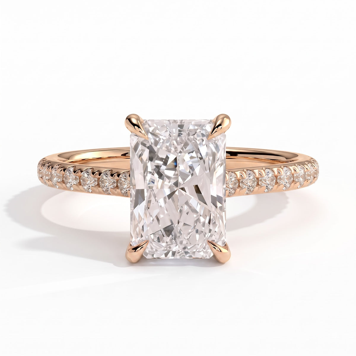 Radiant lab-grown diamond halo engagement ring in 14K (585) rose gold, front view