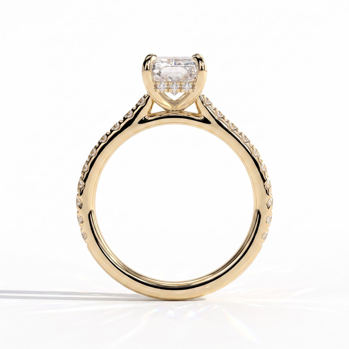 Radiant lab-grown diamond halo engagement ring in 18K (750) yellow gold, side profile