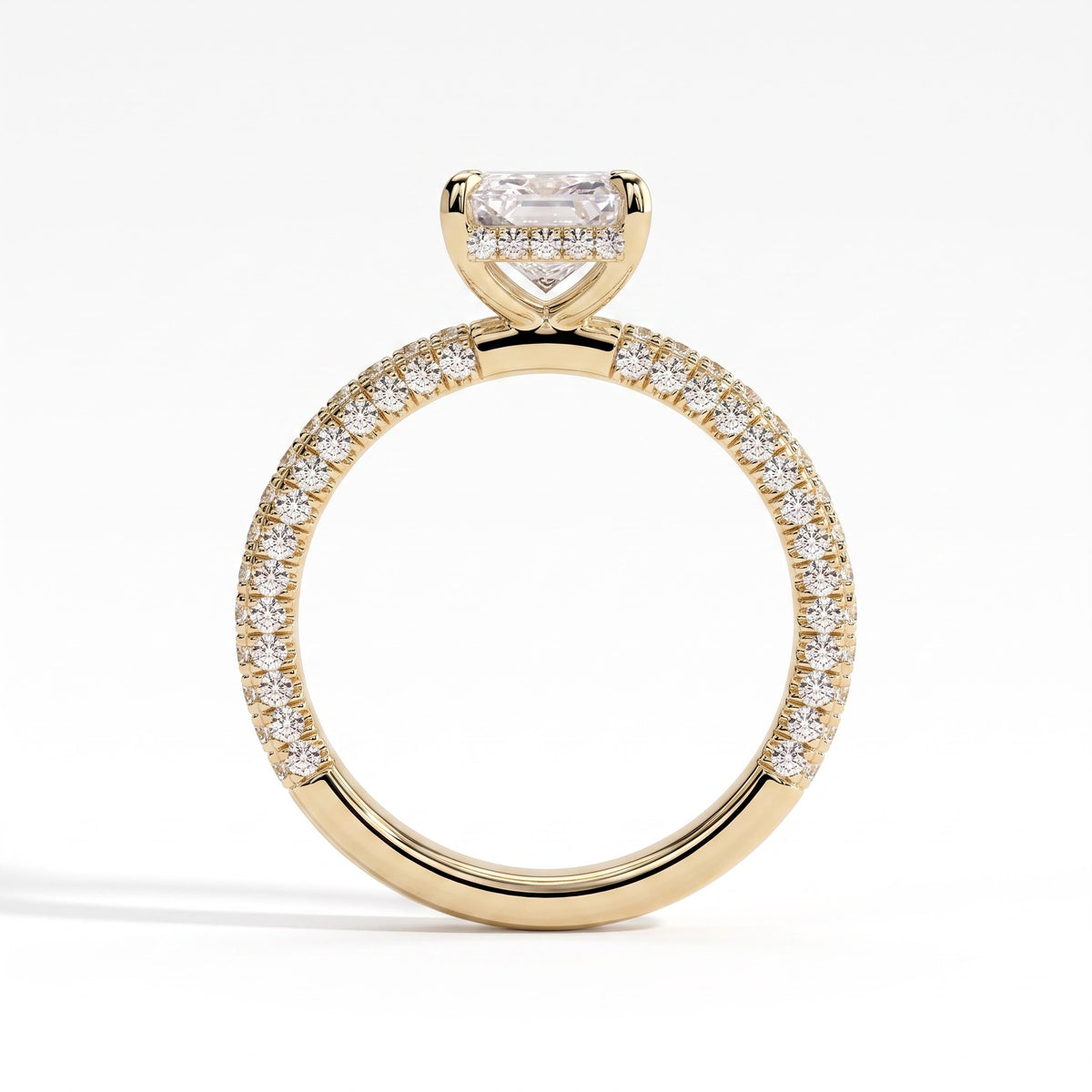 Radiant lab-grown diamond halo engagement ring in 18K (750) yellow gold, side profile