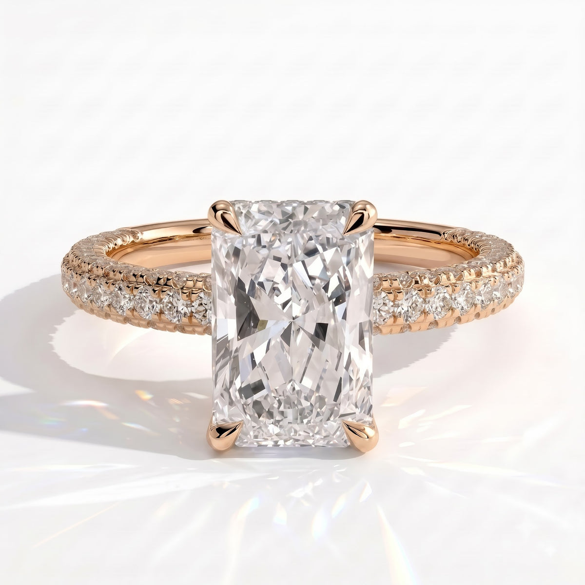 Radiant lab-grown diamond halo engagement ring in 18K (750) rose gold, front view