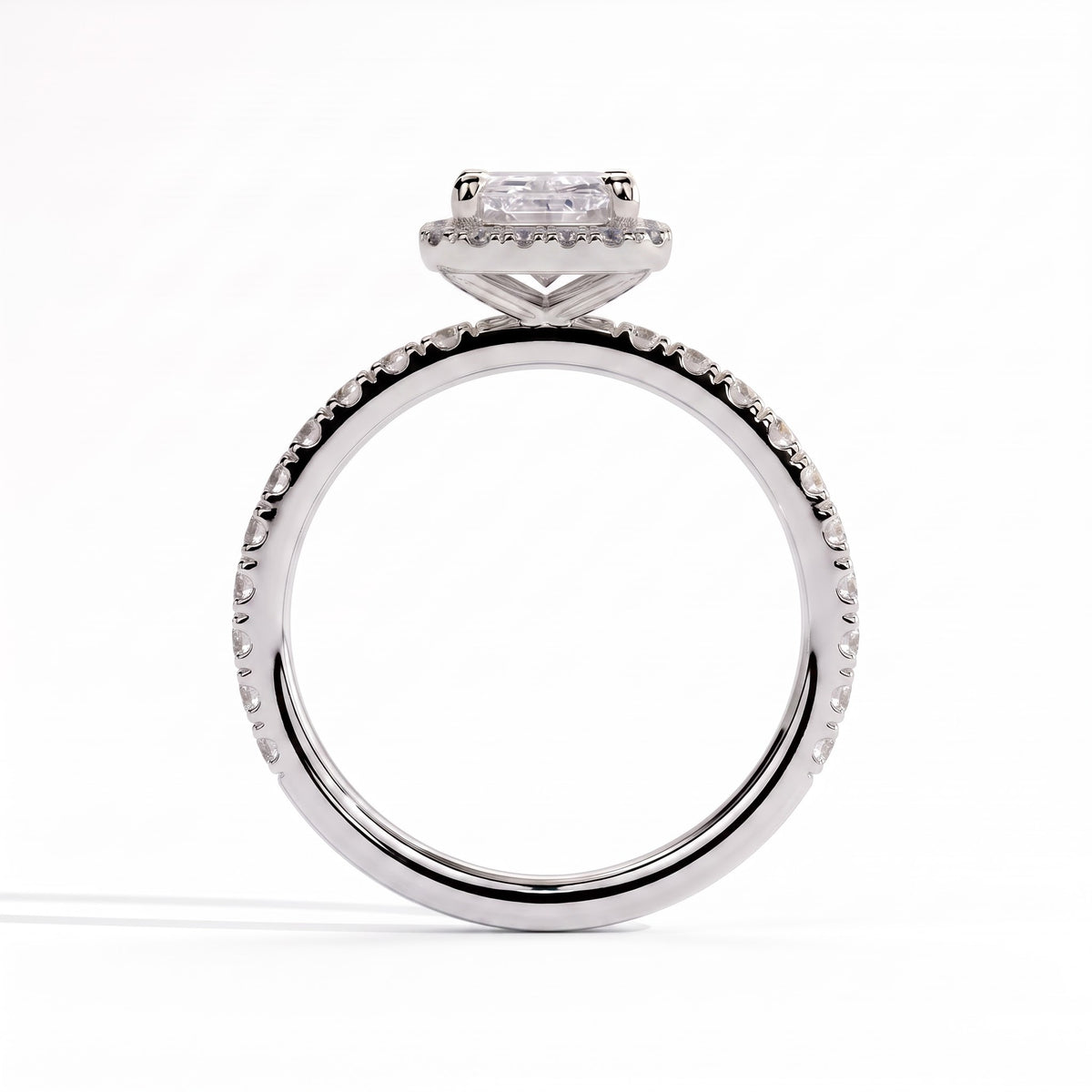 Radiant lab-grown diamond halo engagement ring in 18K (750) white gold, side profile