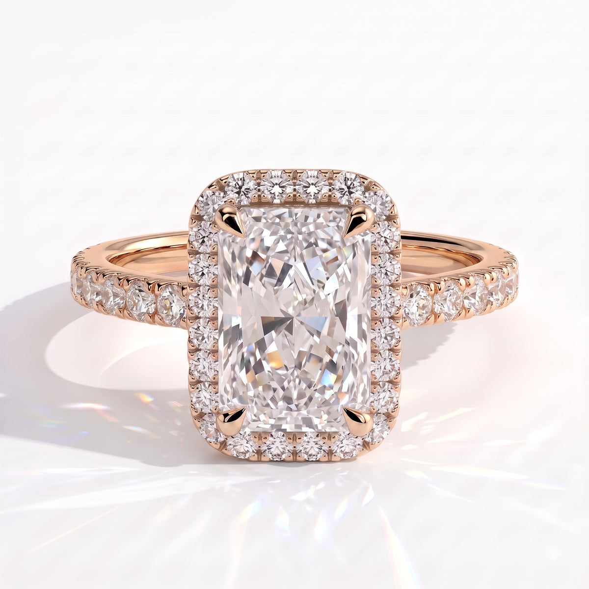 Radiant lab-grown diamond halo engagement ring in 18K (750) rose gold, front view