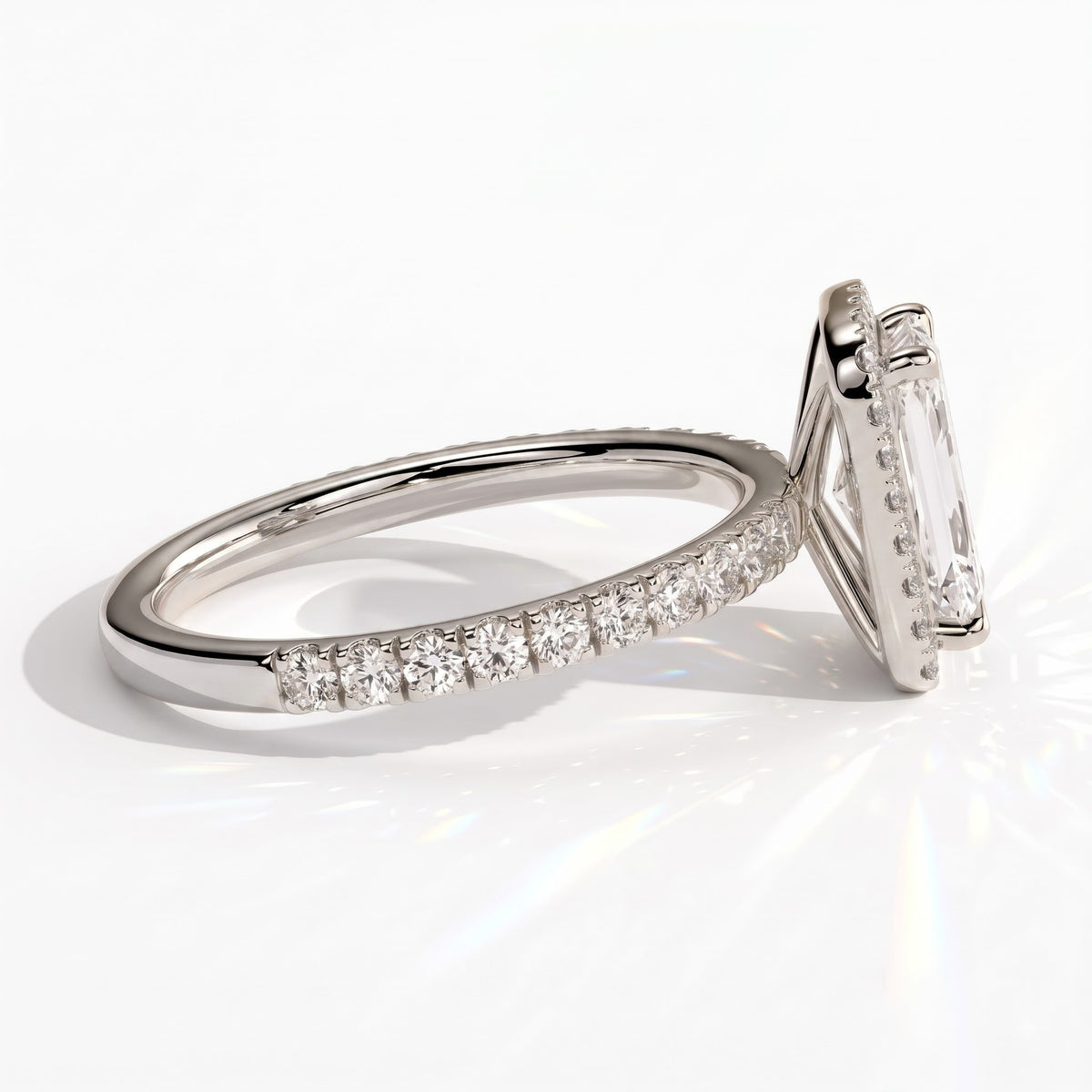 Radiant lab-grown diamond halo engagement ring in 950 platinum, detail view