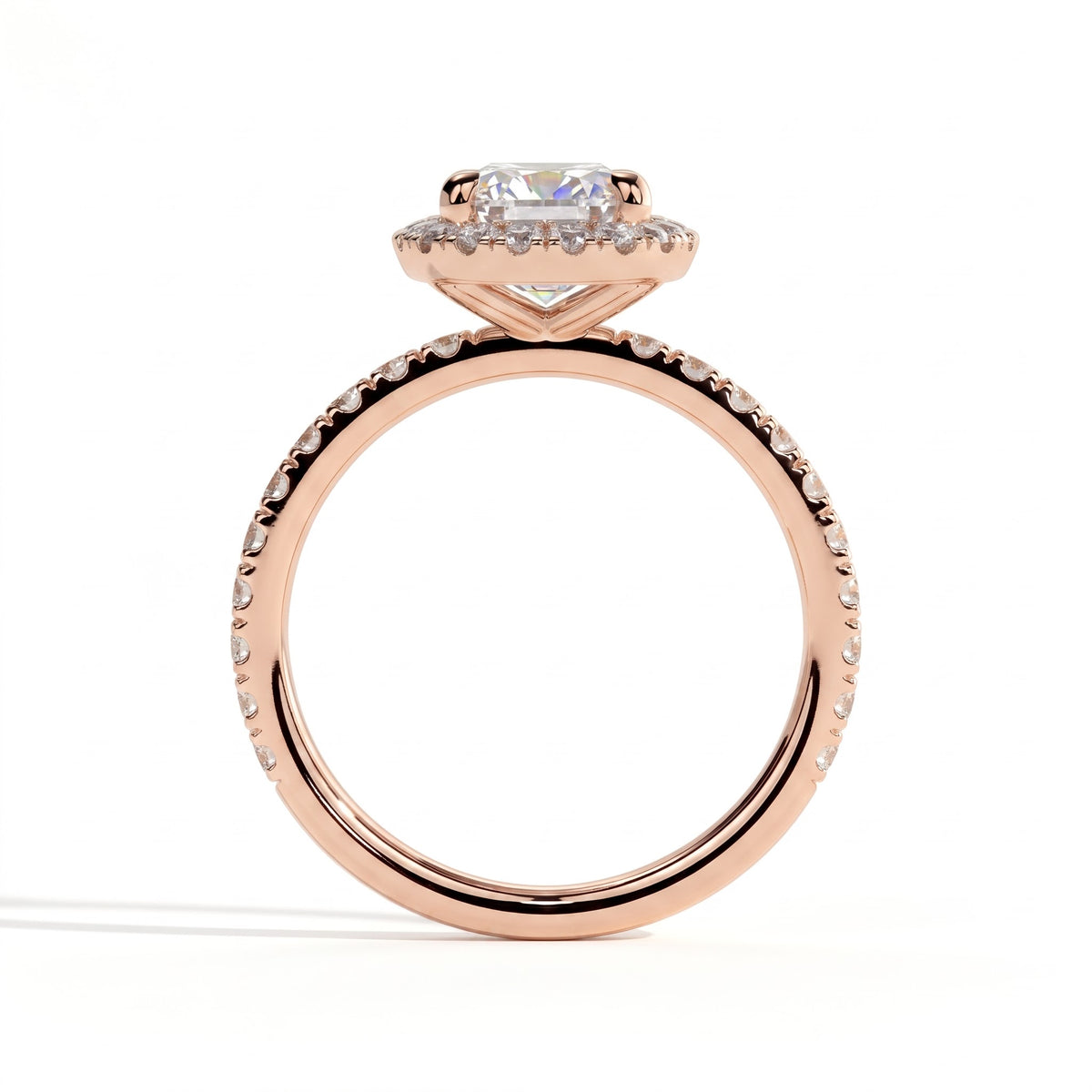Pear lab-grown diamond halo engagement ring in 18K (750) rose gold, side profile