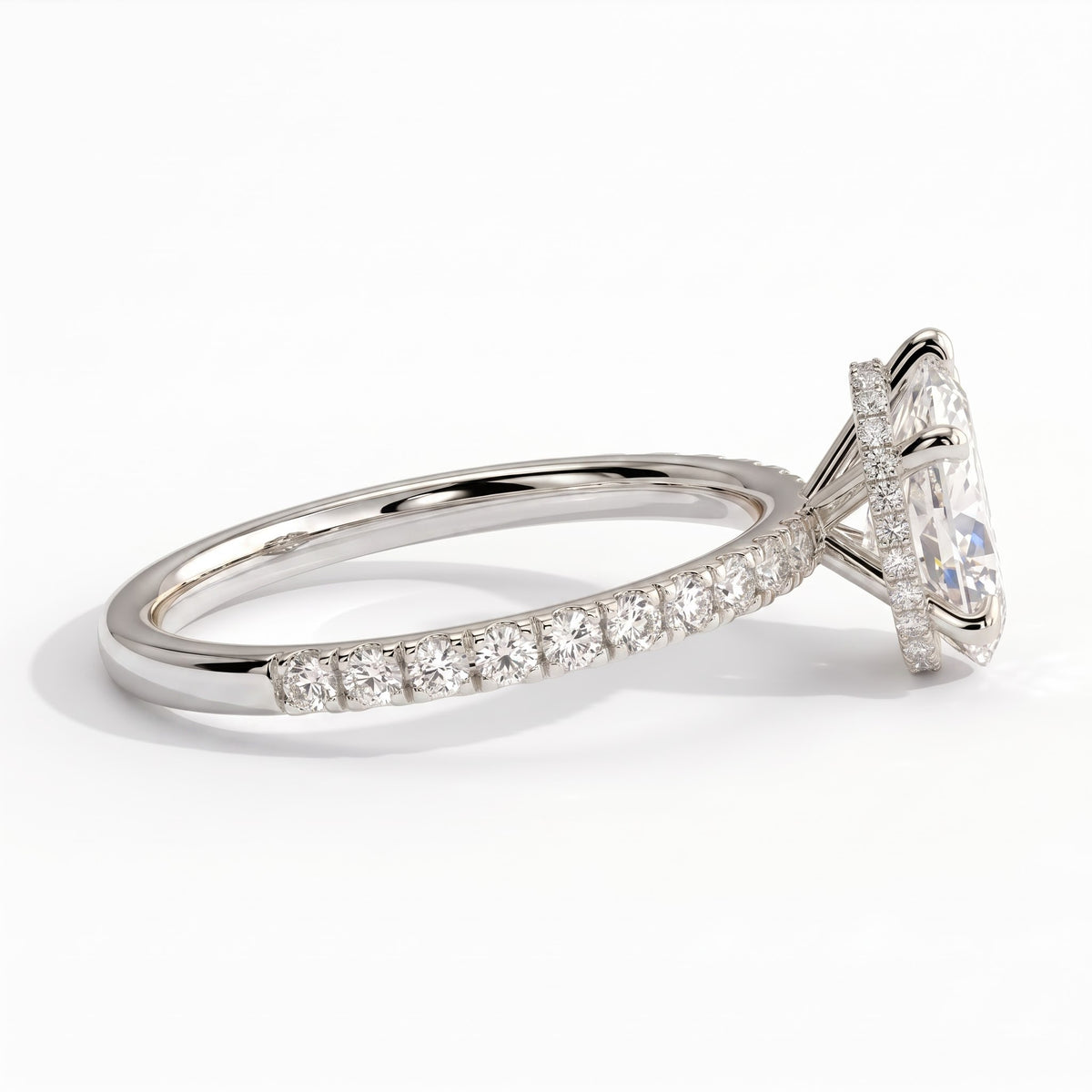 Pear lab-grown diamond halo engagement ring in 18K (750) white gold, detail view