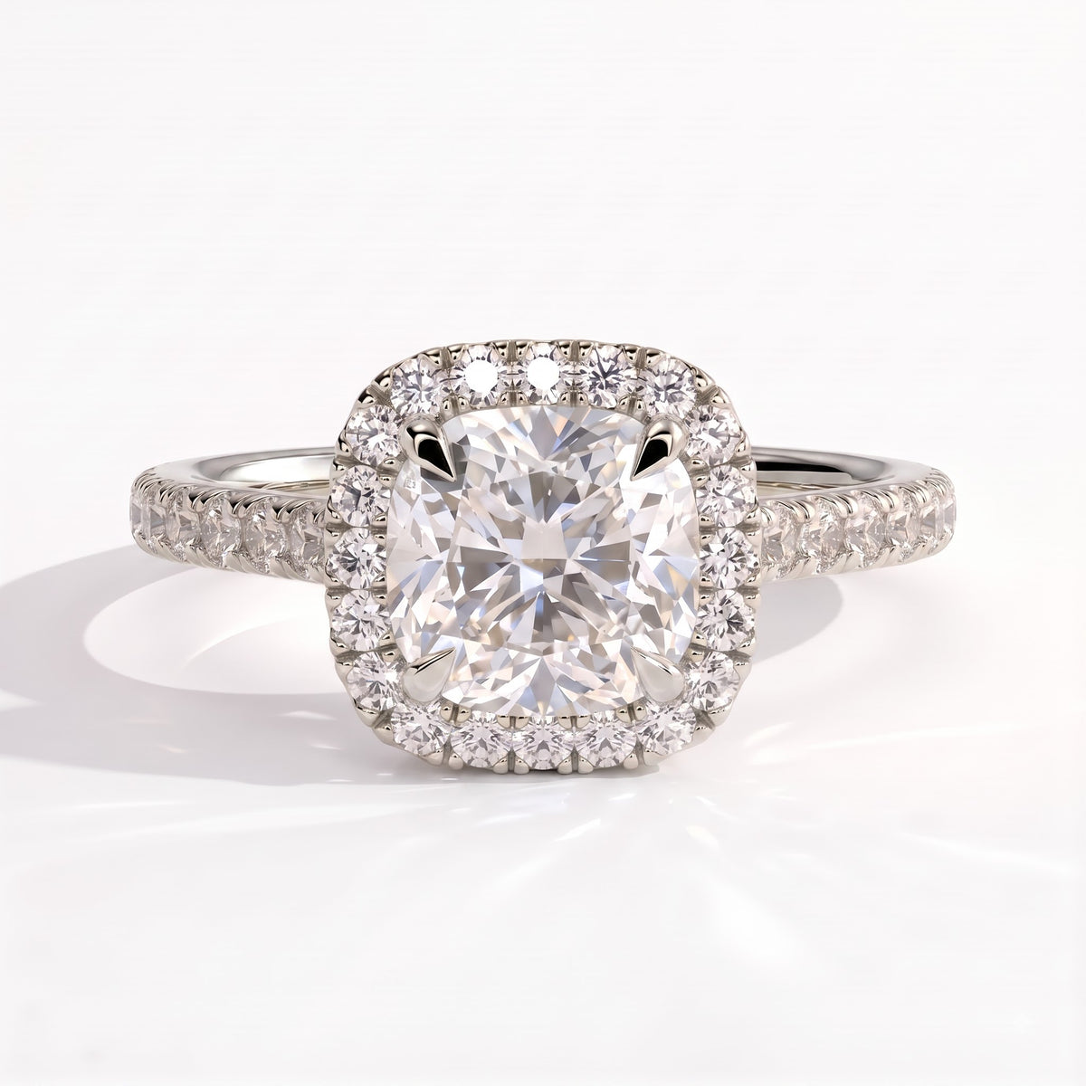 Cushion lab-grown diamond halo engagement ring in 14K (585) white gold, front view