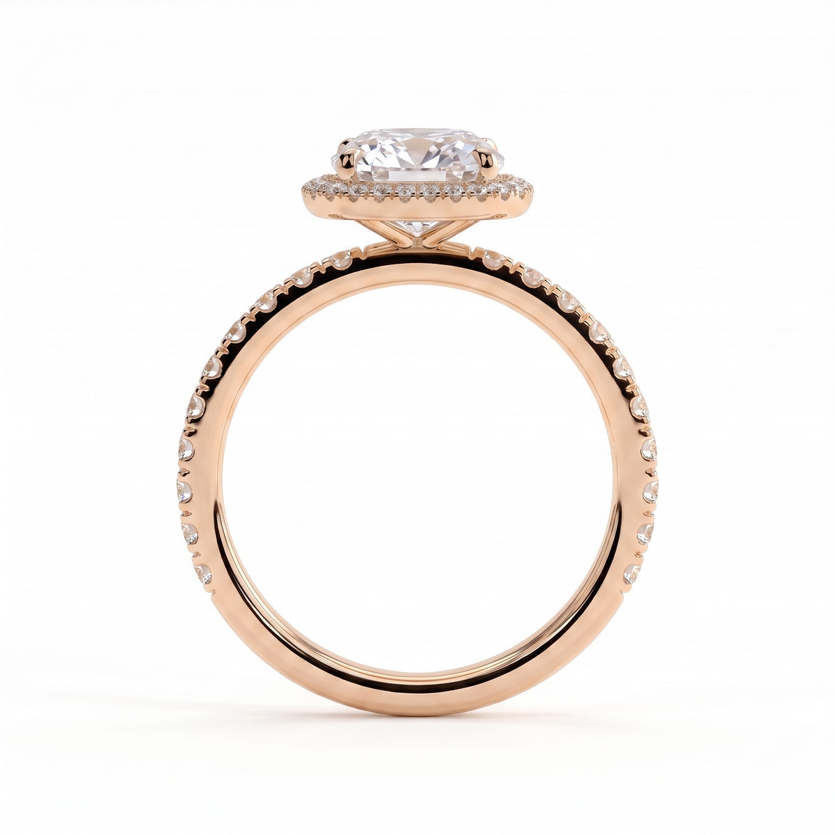Cushion lab-grown diamond halo engagement ring in 14K (585) rose gold, side profile