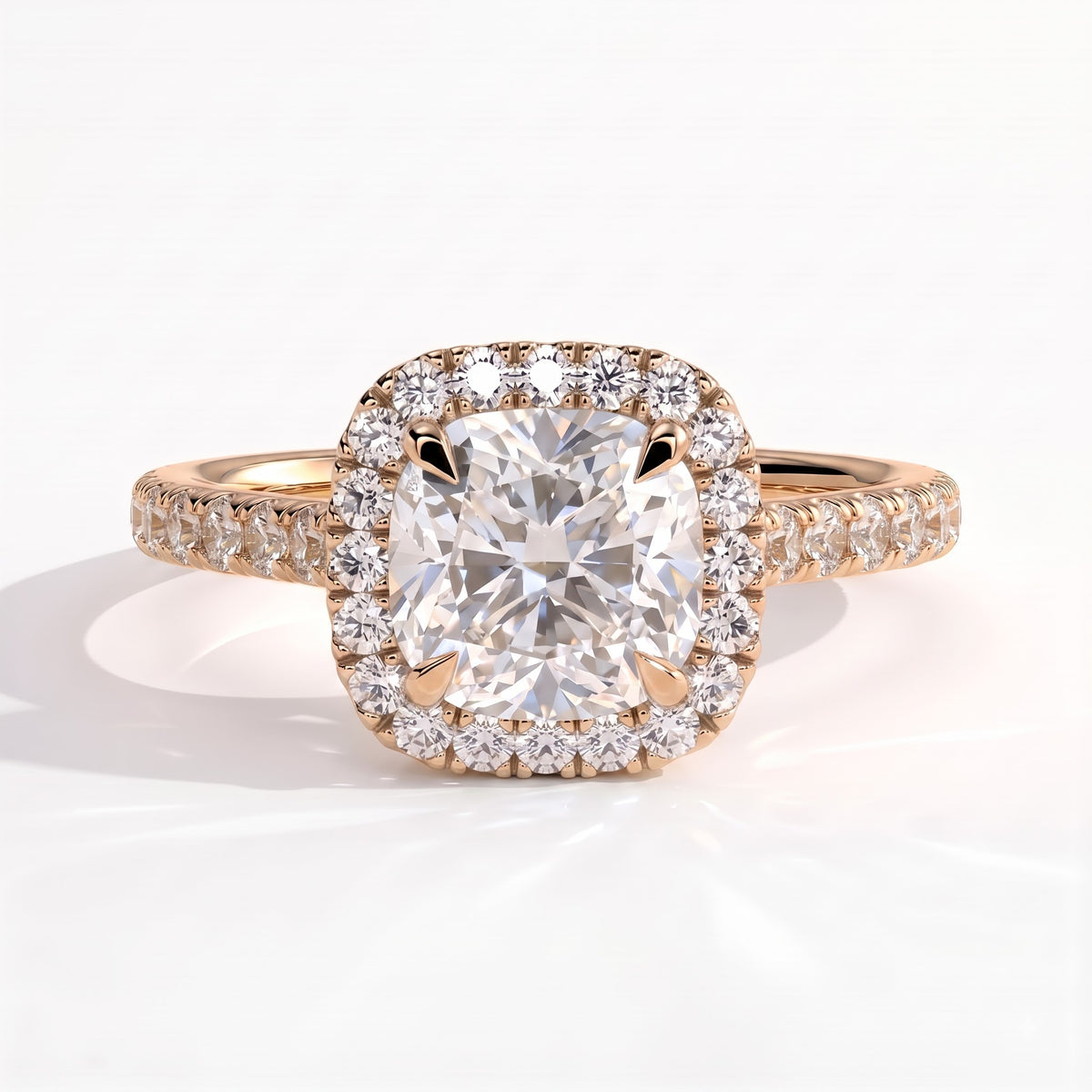 Cushion lab-grown diamond halo engagement ring in 18K (750) rose gold, front view
