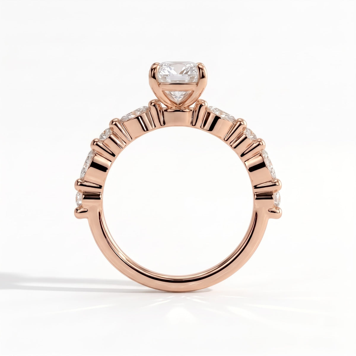Elongated Cushion lab-grown diamond halo engagement ring in 14K (585) rose gold, side profile