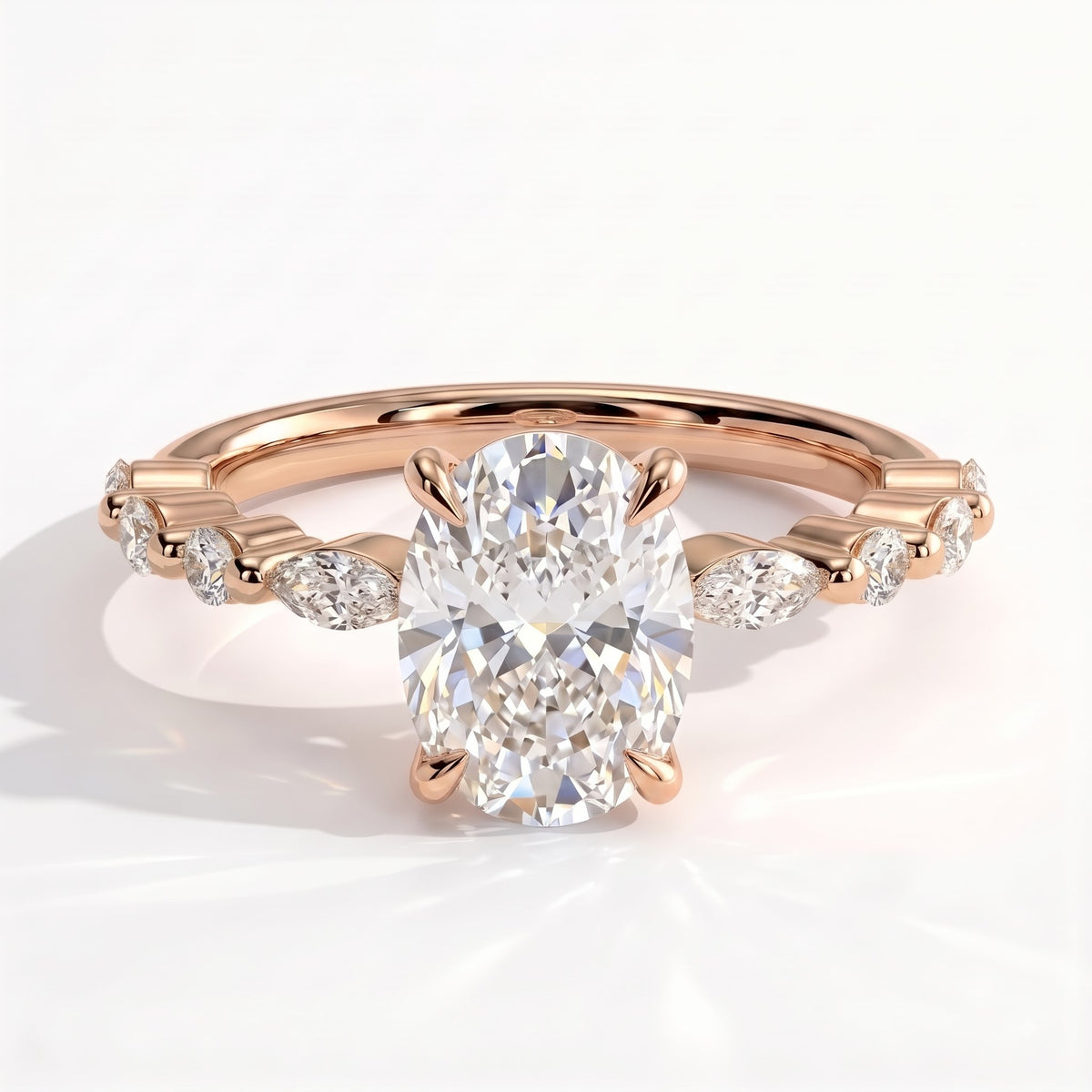 Elongated Cushion lab-grown diamond halo engagement ring in 18K (750) rose gold, front view