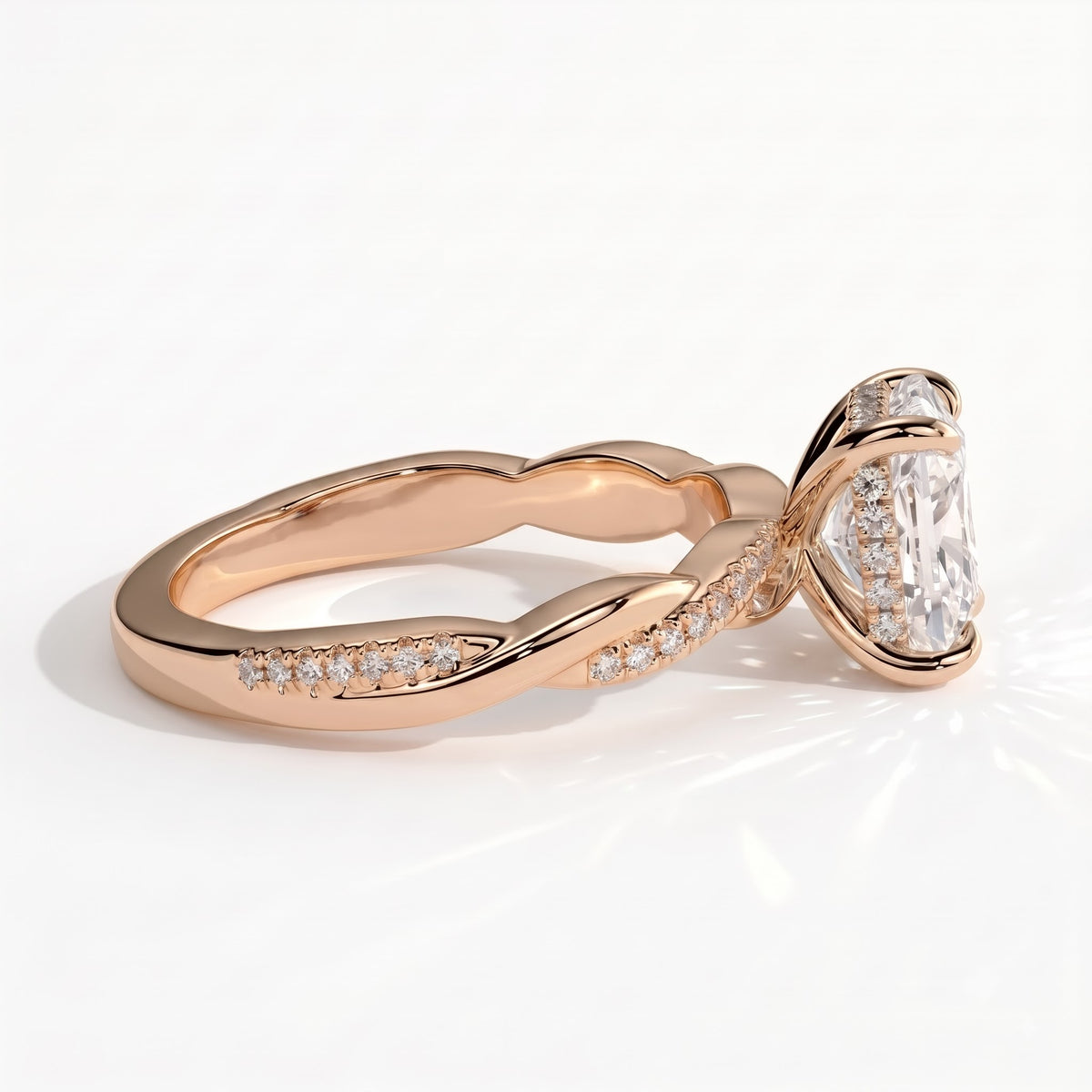 Elongated Cushion lab-grown diamond halo engagement ring in 18K (750) rose gold, detail view
