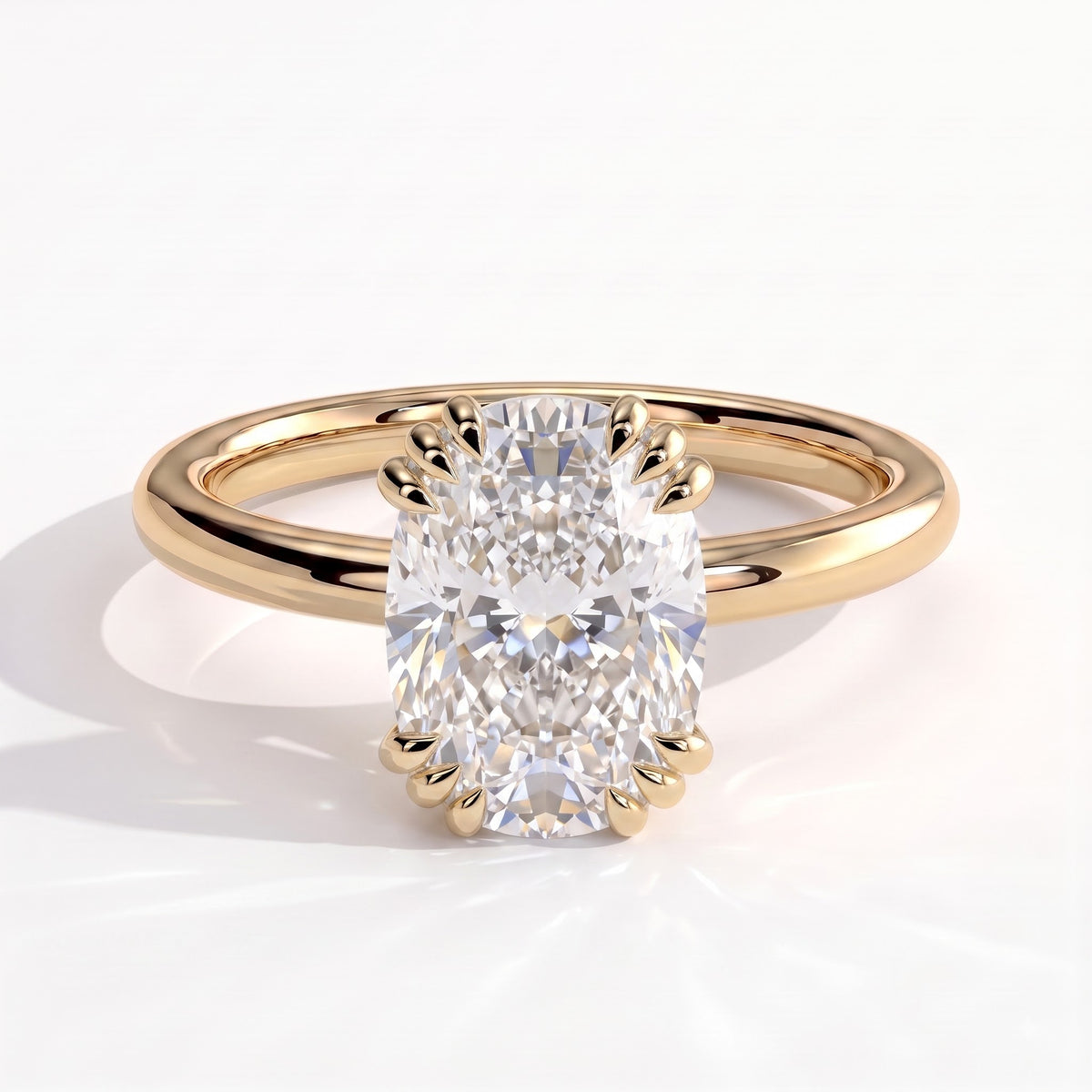 Elongated Cushion lab-grown diamond solitaire engagement ring in 14K (585) yellow gold, front view