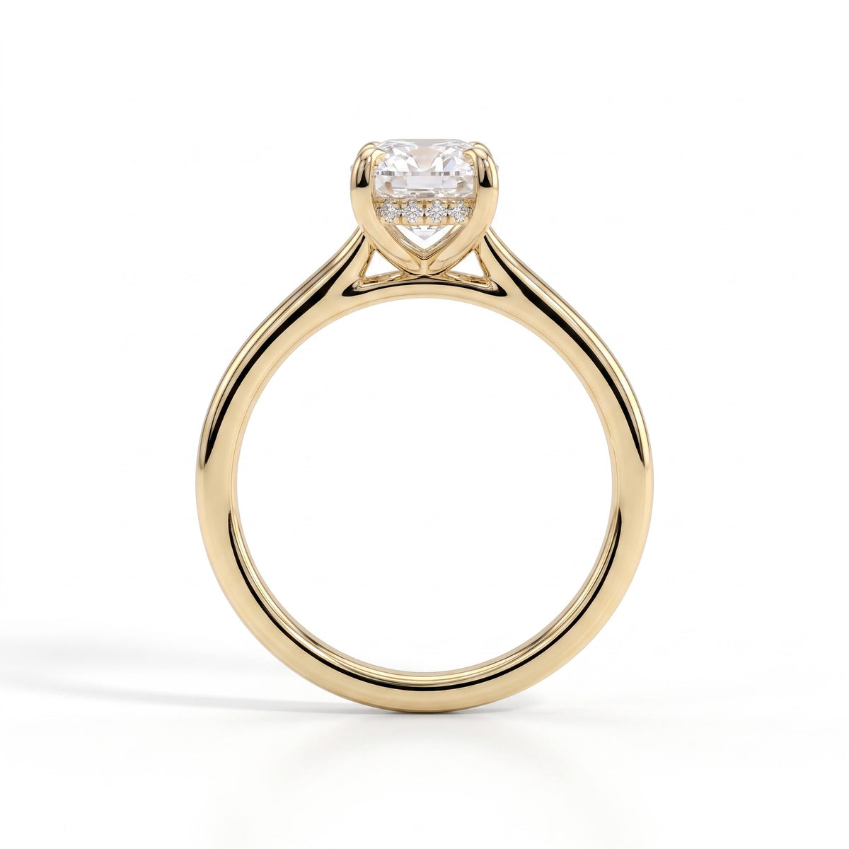 Elongated Cushion lab-grown diamond halo engagement ring in 14K (585) yellow gold, side profile