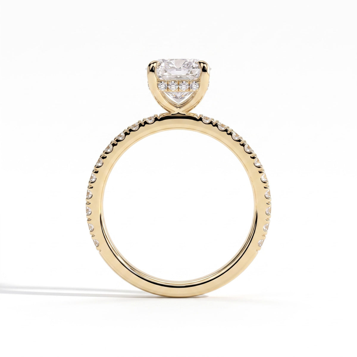 Elongated Cushion lab-grown diamond halo engagement ring in 14K (585) yellow gold, side profile