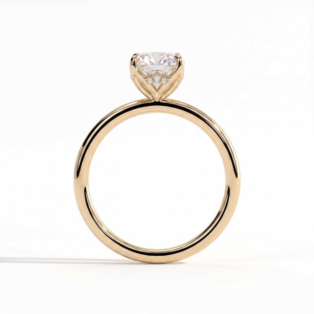 Elongated Cushion lab-grown diamond solitaire engagement ring in 18K (750) yellow gold, side profile