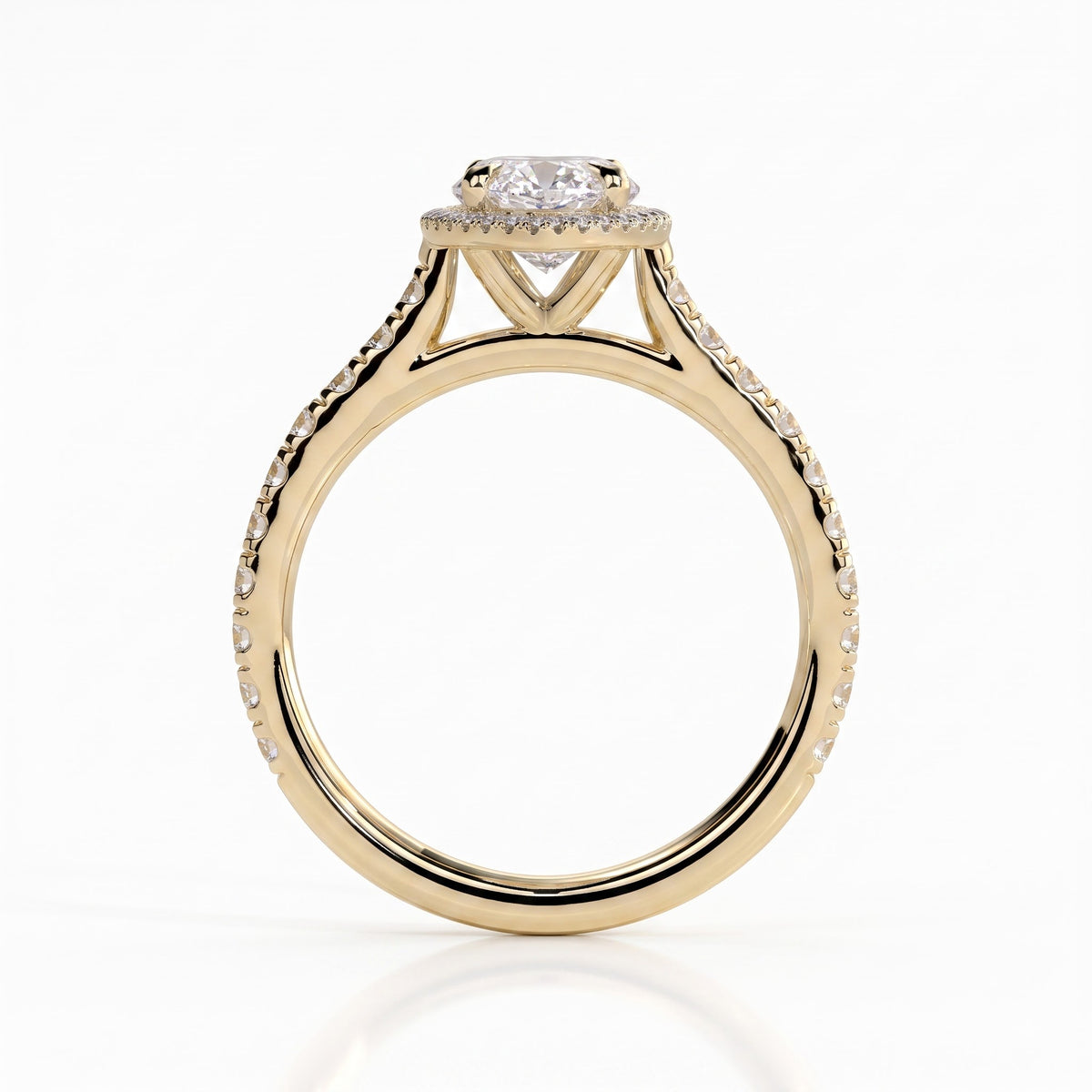 Marquise lab-grown diamond halo engagement ring in 14K (585) yellow gold, side profile