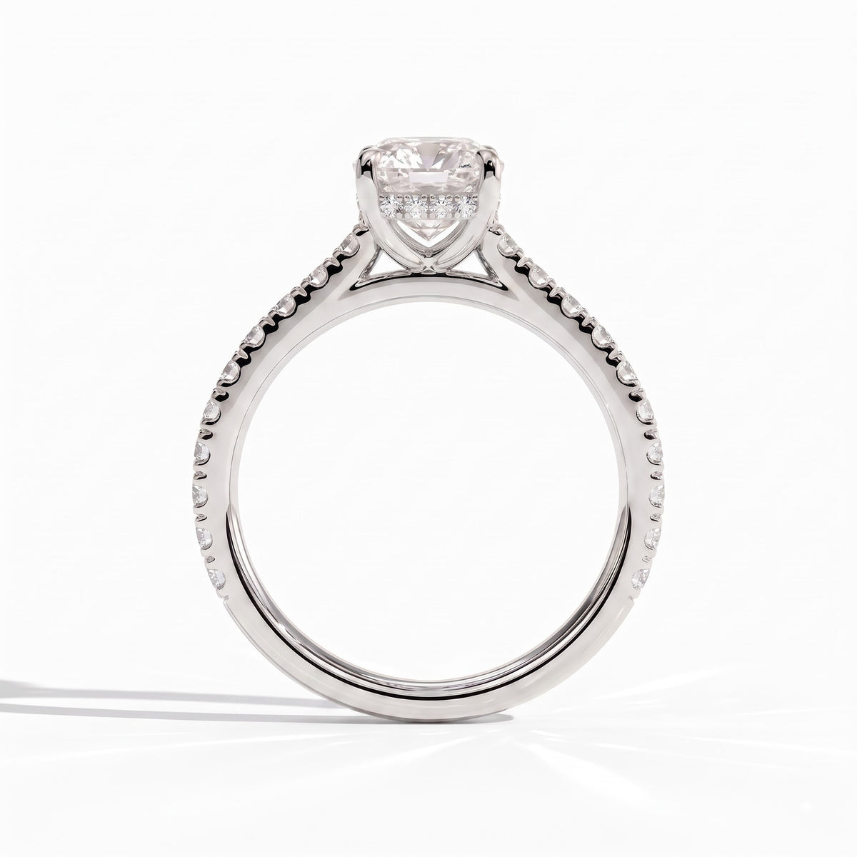 Elongated Cushion lab-grown diamond halo engagement ring in 18K (750) white gold, side profile