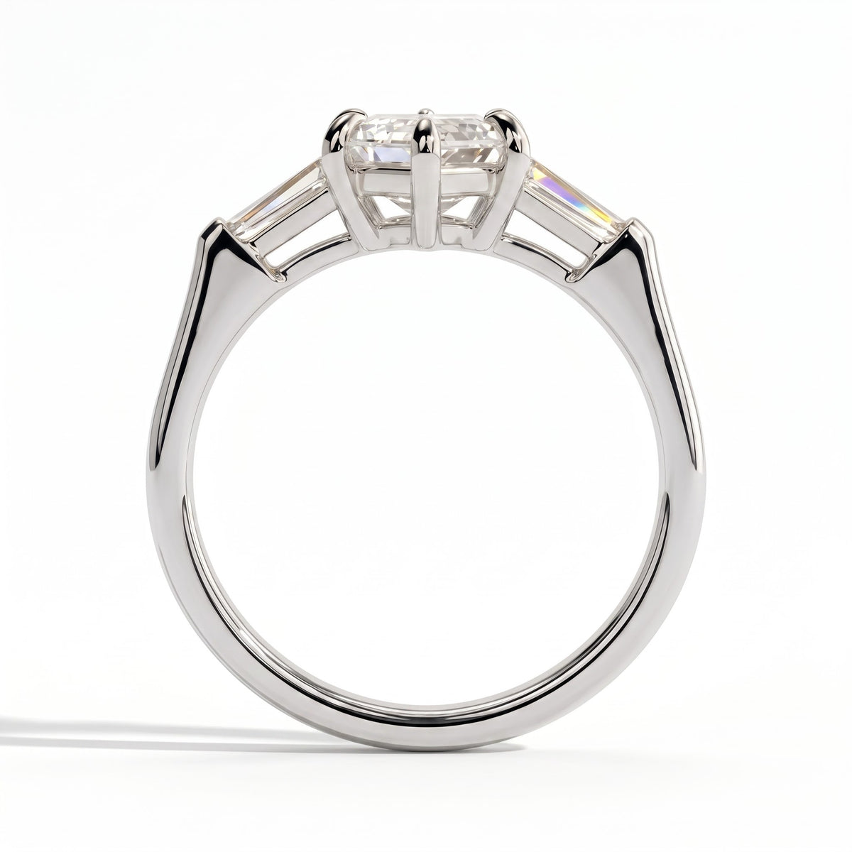 Elongated Hexagon lab-grown diamond three-stone engagement ring in 18K (750) white gold, side profile