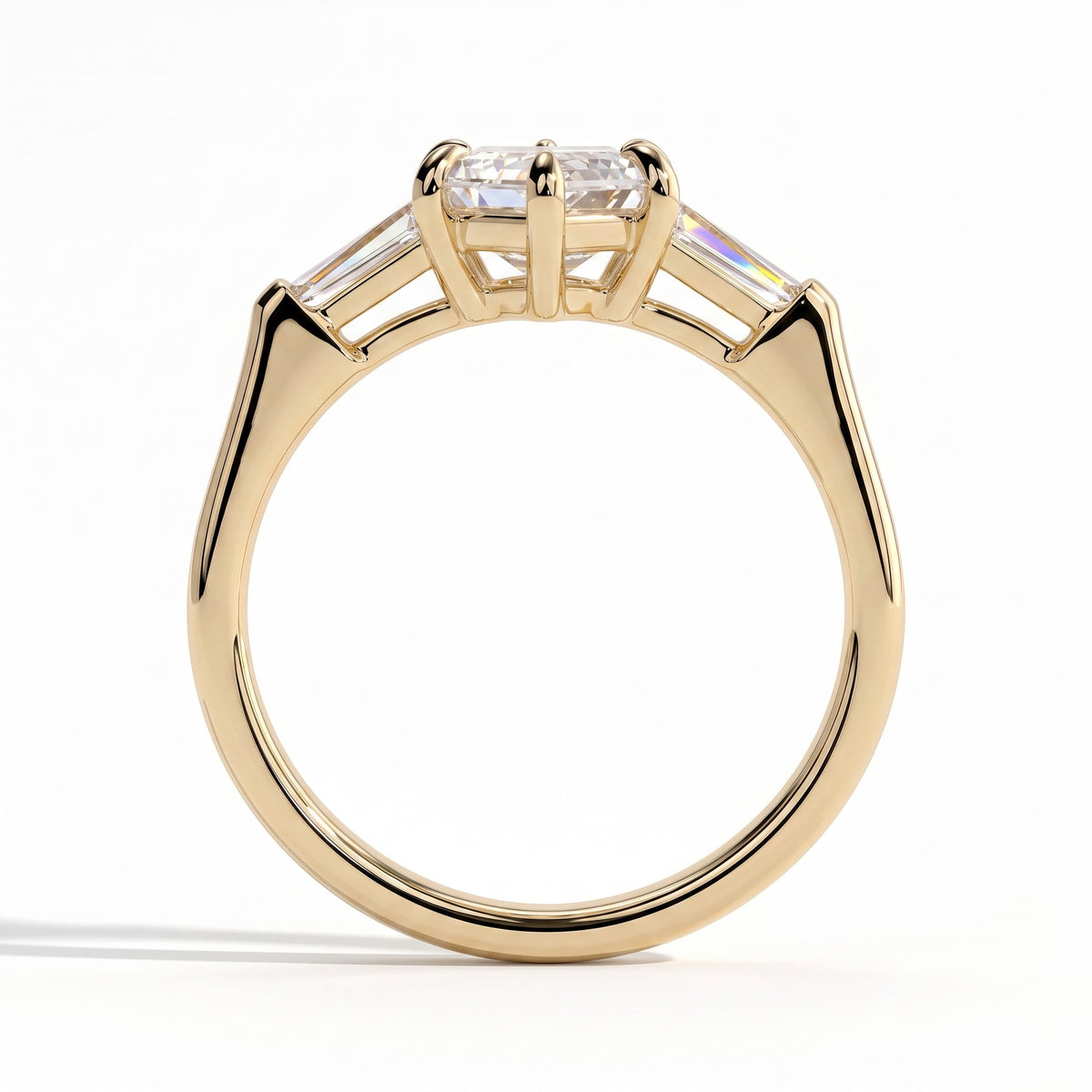 Elongated Hexagon lab-grown diamond three-stone engagement ring in 18K (750) yellow gold, side profile