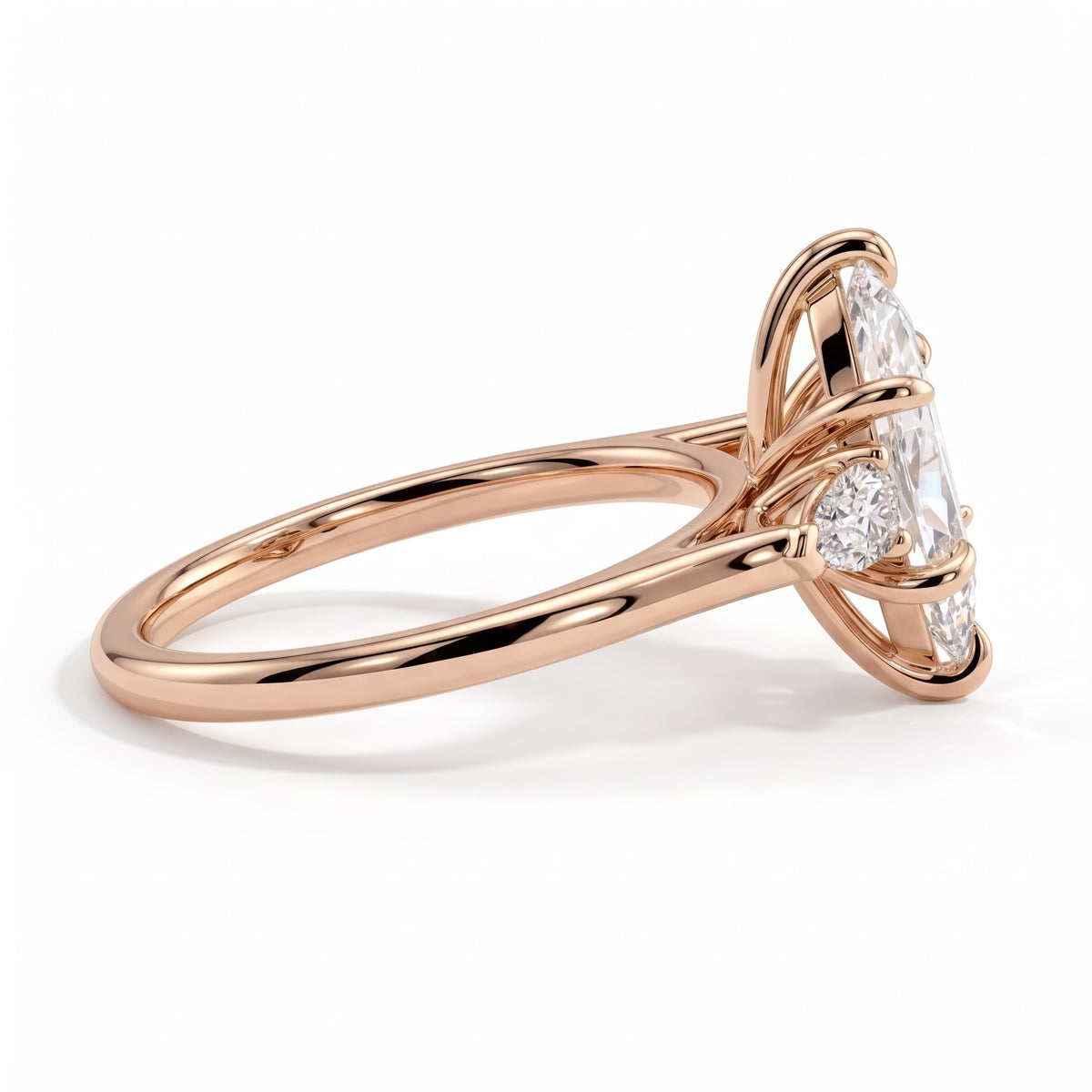 Marquise lab-grown diamond three-stone engagement ring in 14K (585) rose gold, detail view