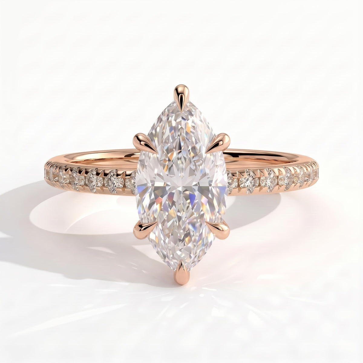 Marquise lab-grown diamond halo engagement ring in 14K (585) rose gold, front view
