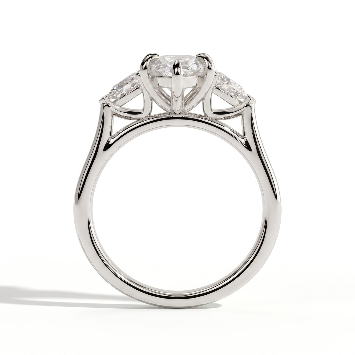 Marquise lab-grown diamond three-stone engagement ring in 18K (750) white gold, side profile