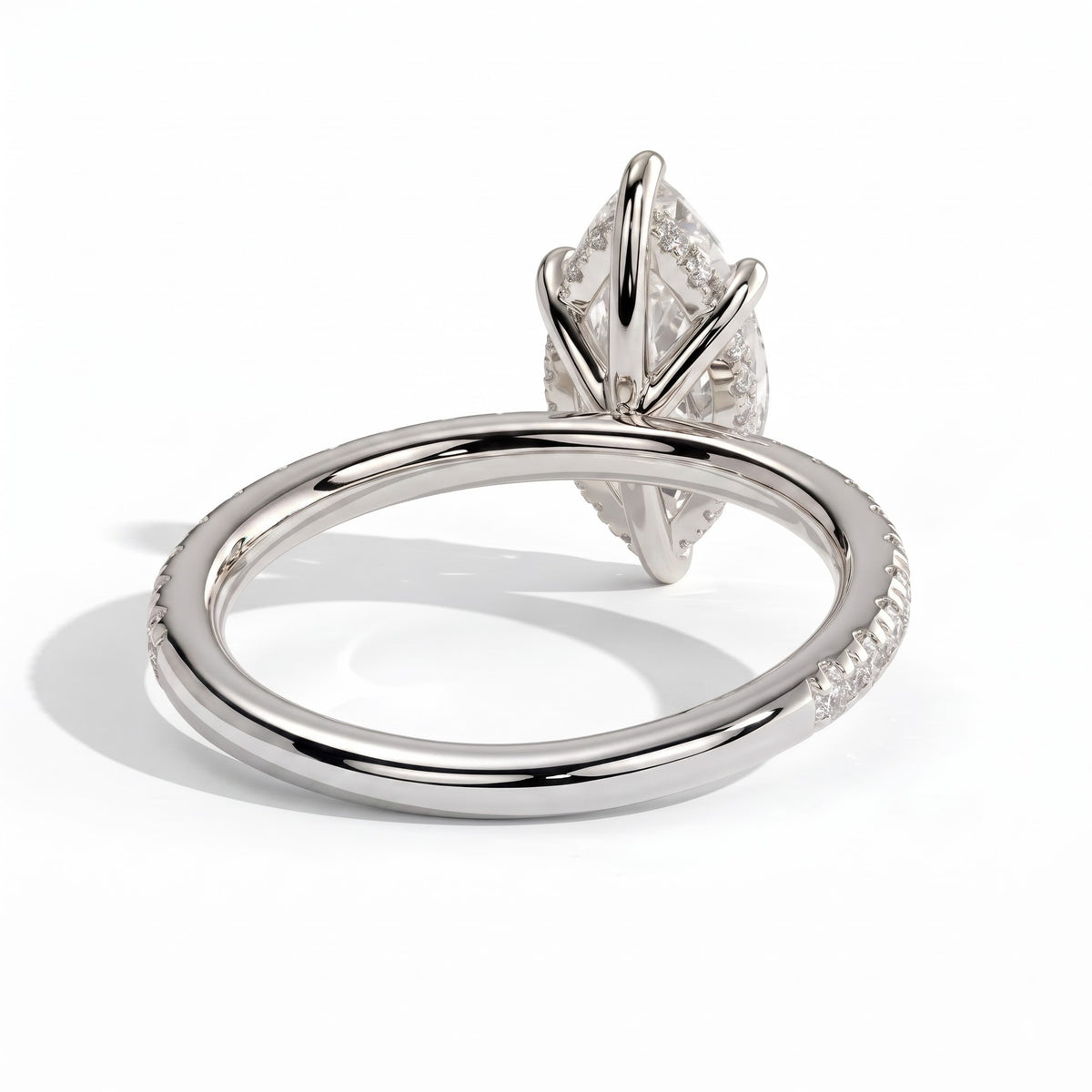 Marquise lab-grown diamond halo engagement ring in 18K (750) white gold, on white background