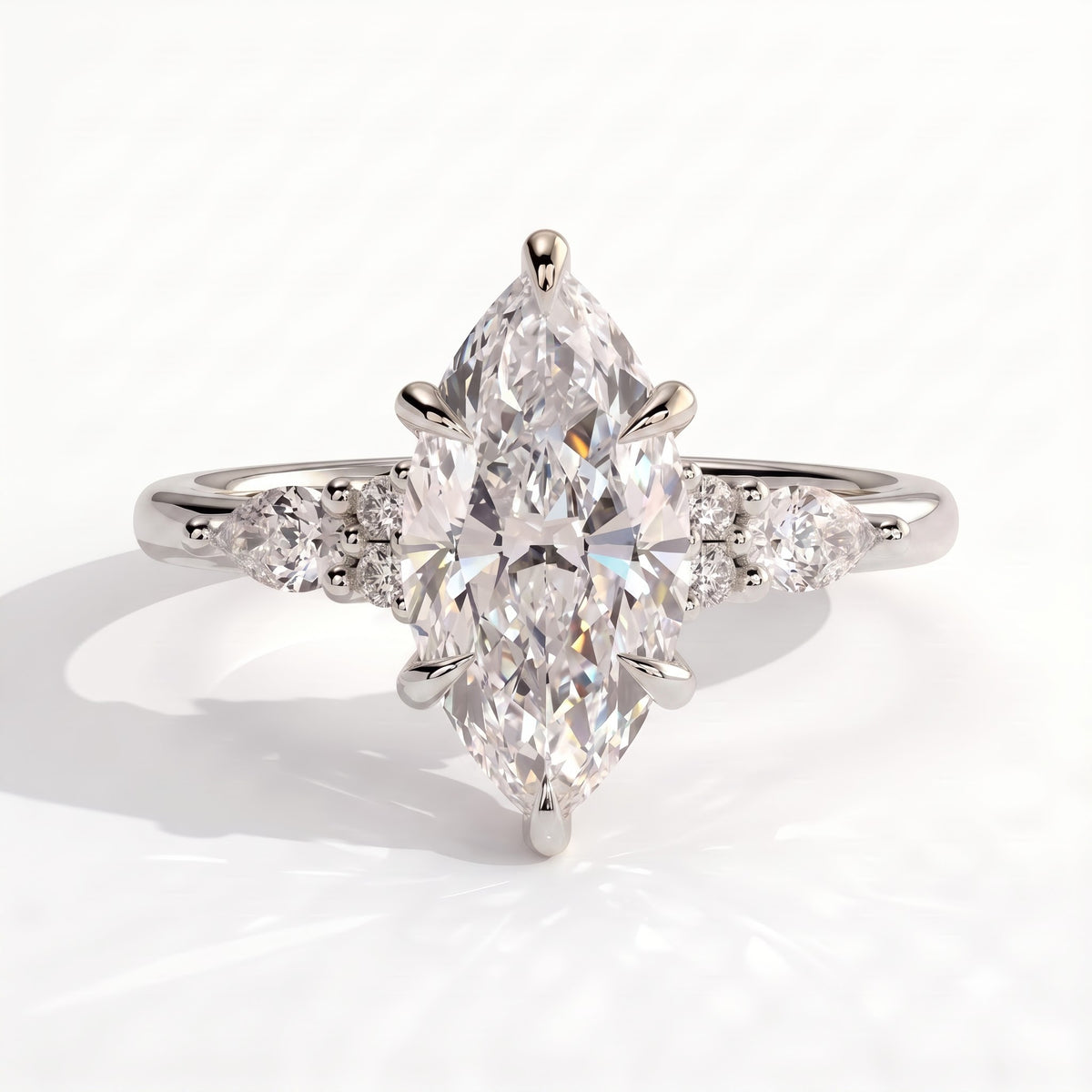 Marquise lab-grown diamond halo engagement ring in 18K (750) white gold, front view