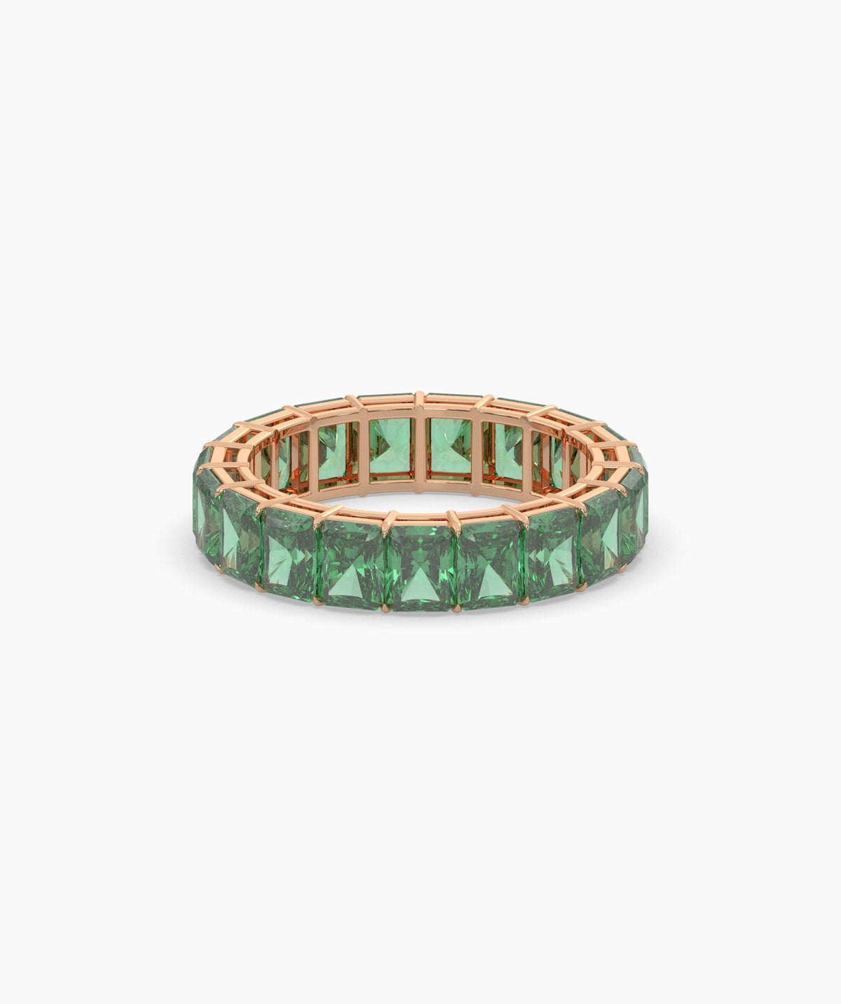 Amira emerald-cut green gemstone eternity ring in 750 rose gold, front view