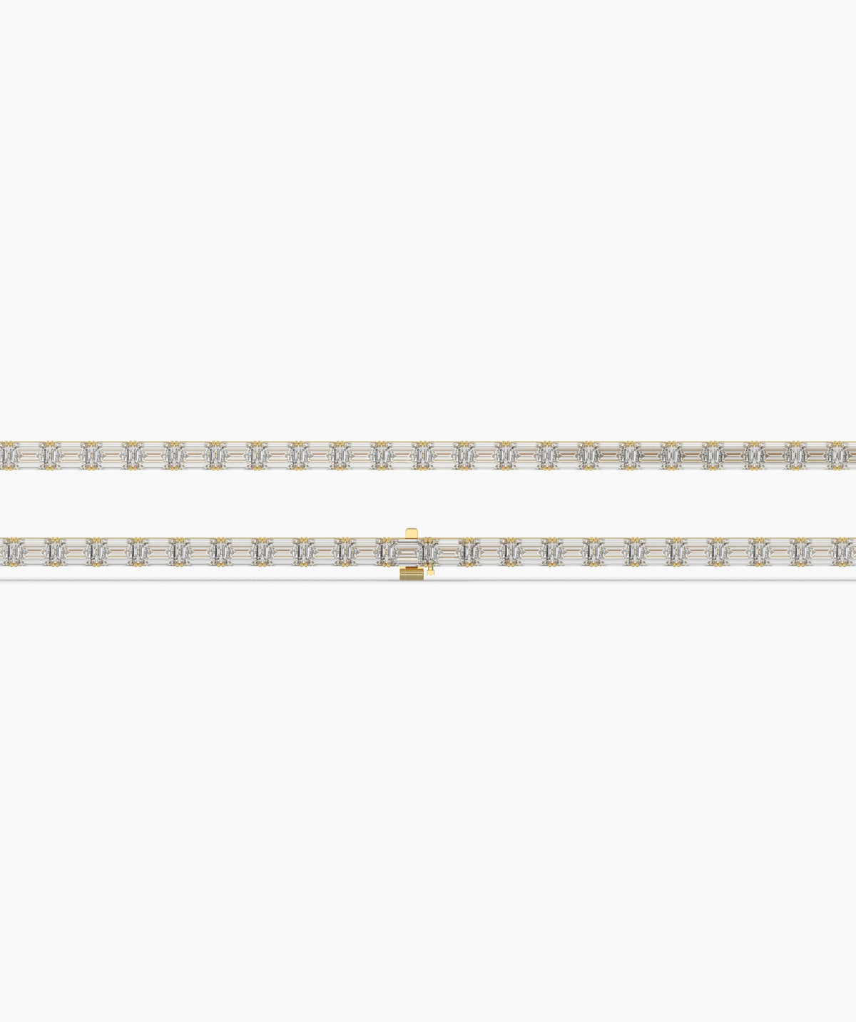 Aurelia Tennisarmband mit Labordiamanten im Smaragdschliff aus 585 Gelbgold, flach liegend, ganze Länge