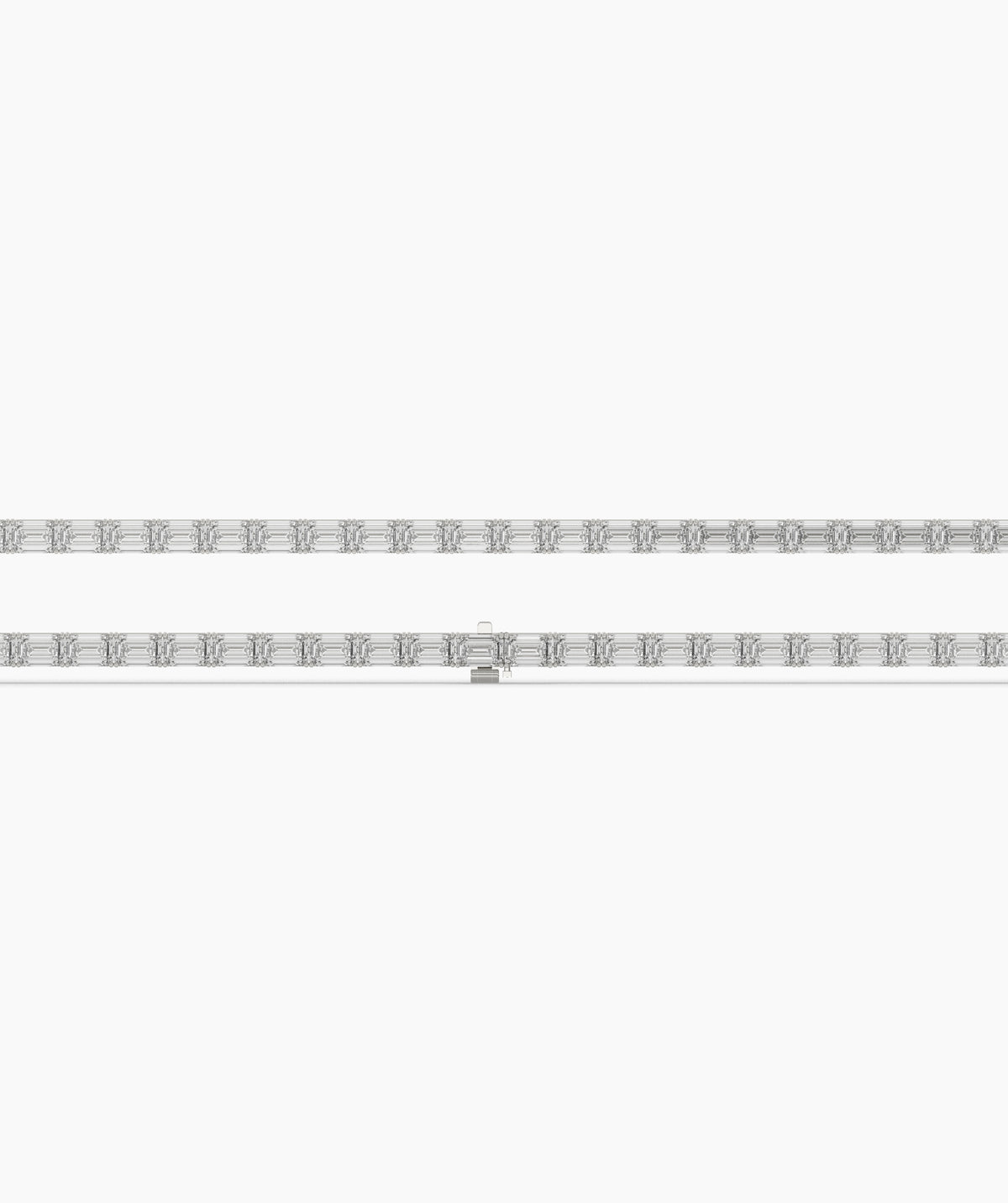 Aurelia Tennisarmband mit Labordiamanten im Smaragdschliff aus 585 Weißgold, flach liegend, ganze Länge