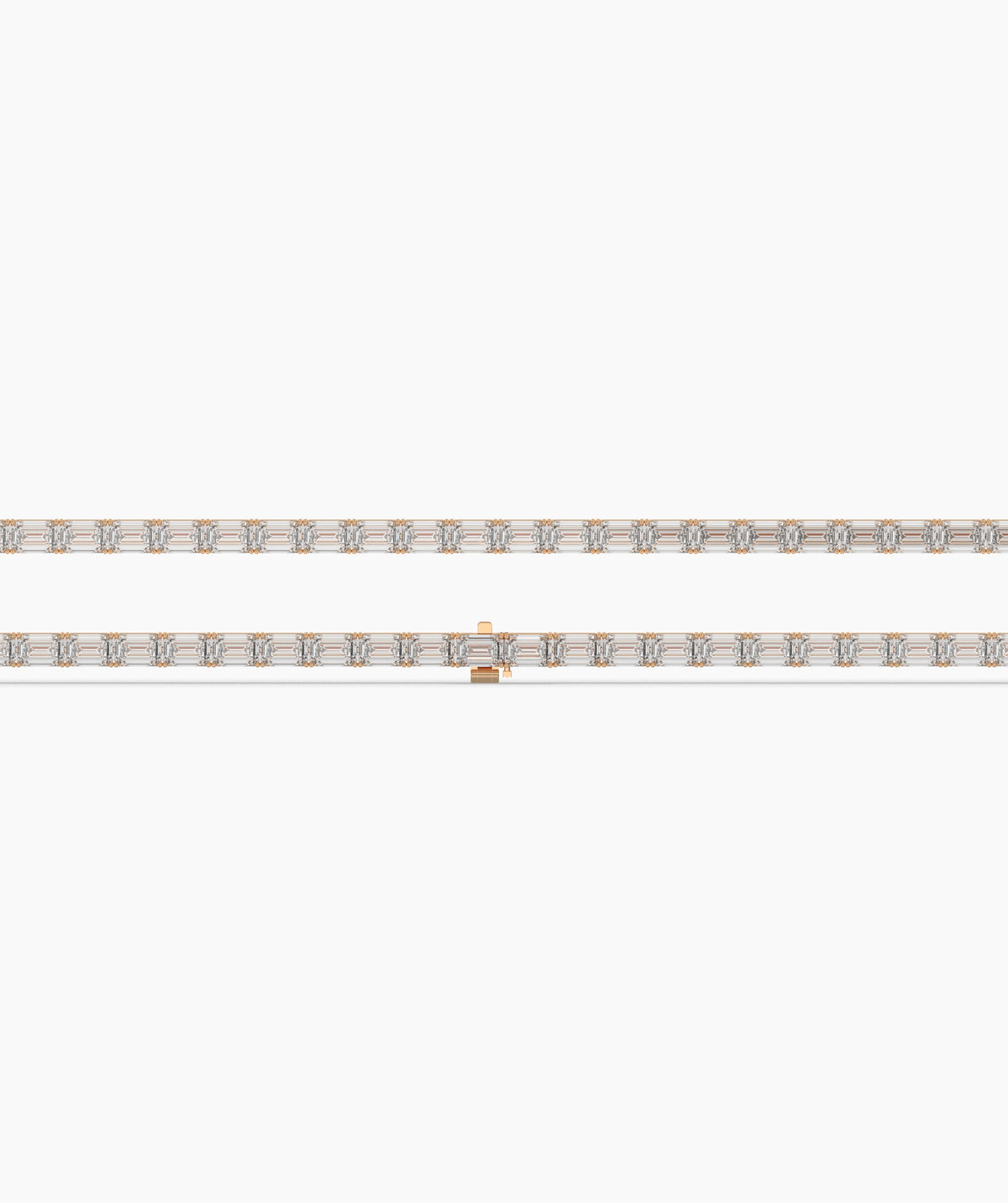 Aurelia Tennisarmband mit Labordiamanten im Smaragdschliff aus 585 Roségold, flach liegend, ganze Länge