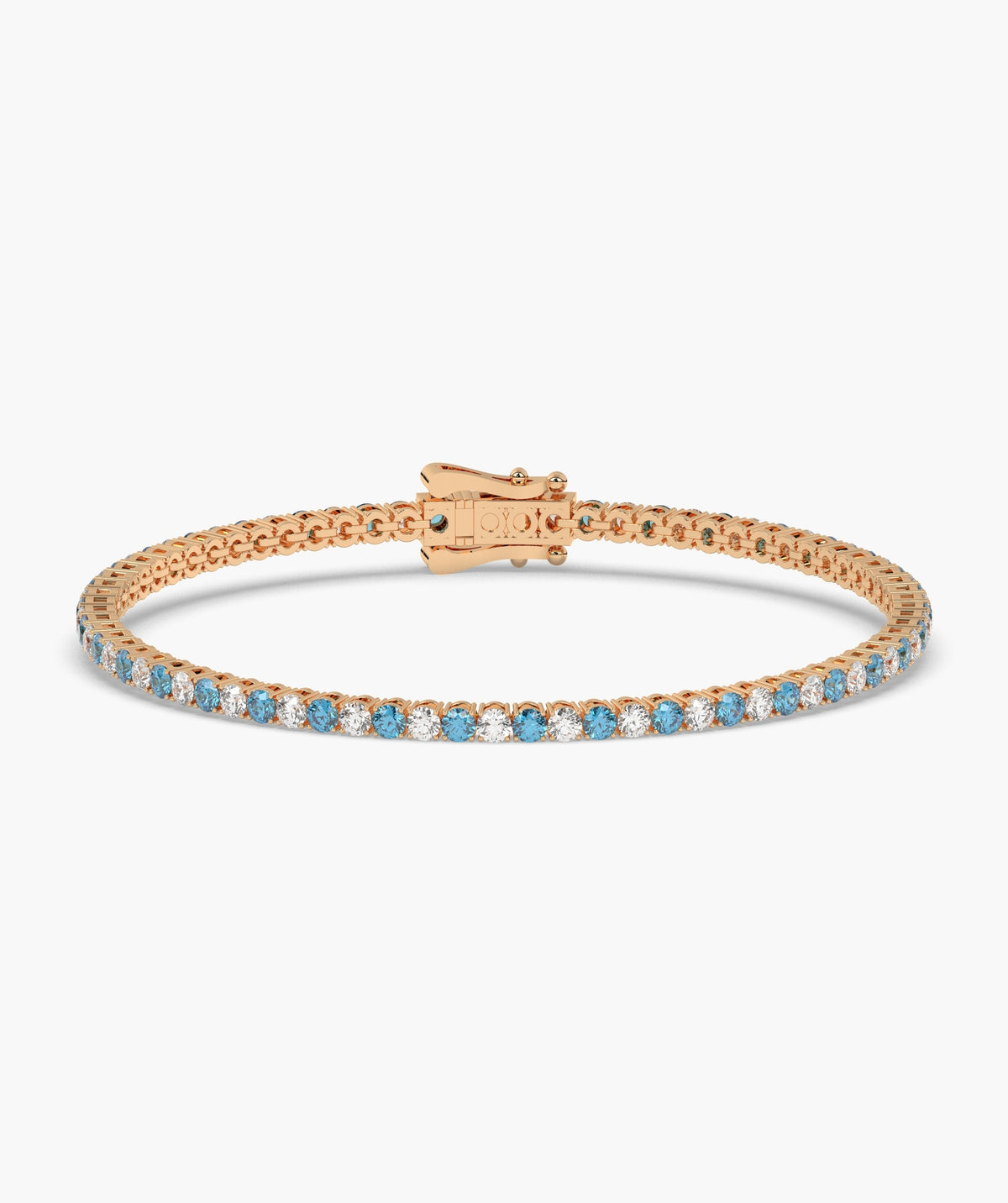 Isola Tennisarmband mit blauen und weißen runden Labordiamanten aus 585 Roségold, Vorderansicht