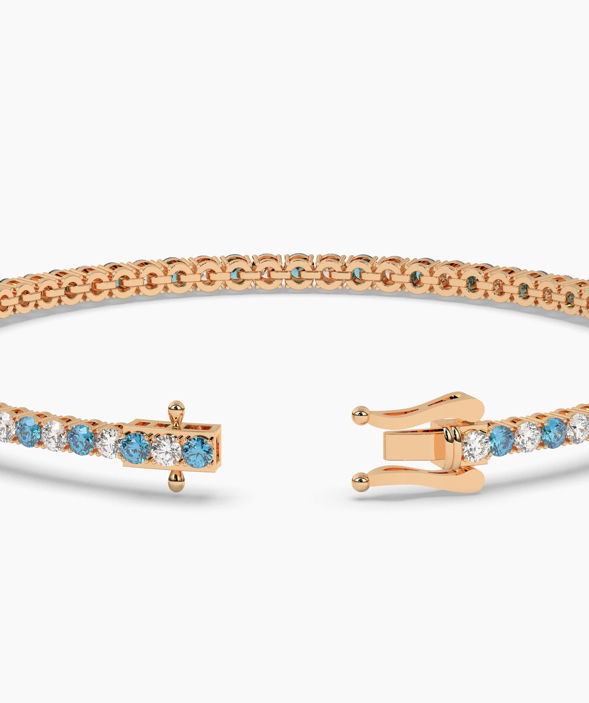 Isola Tennisarmband mit blauen und weißen runden Labordiamanten aus 585 Roségold, Detailansicht mit geöffnetem Verschluss