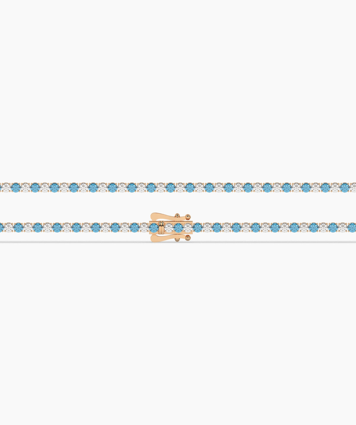 Isola Tennisarmband mit blauen und weißen runden Labordiamanten aus 585 Roségold, flach liegend, ganze Länge