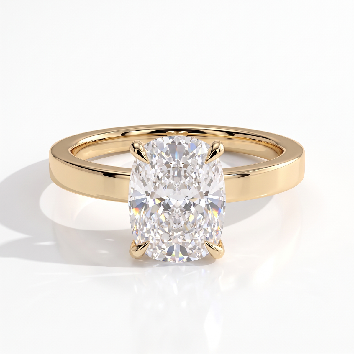 Elongated Cushion lab-grown diamond solitaire engagement ring in 18K (750) yellow gold, front view