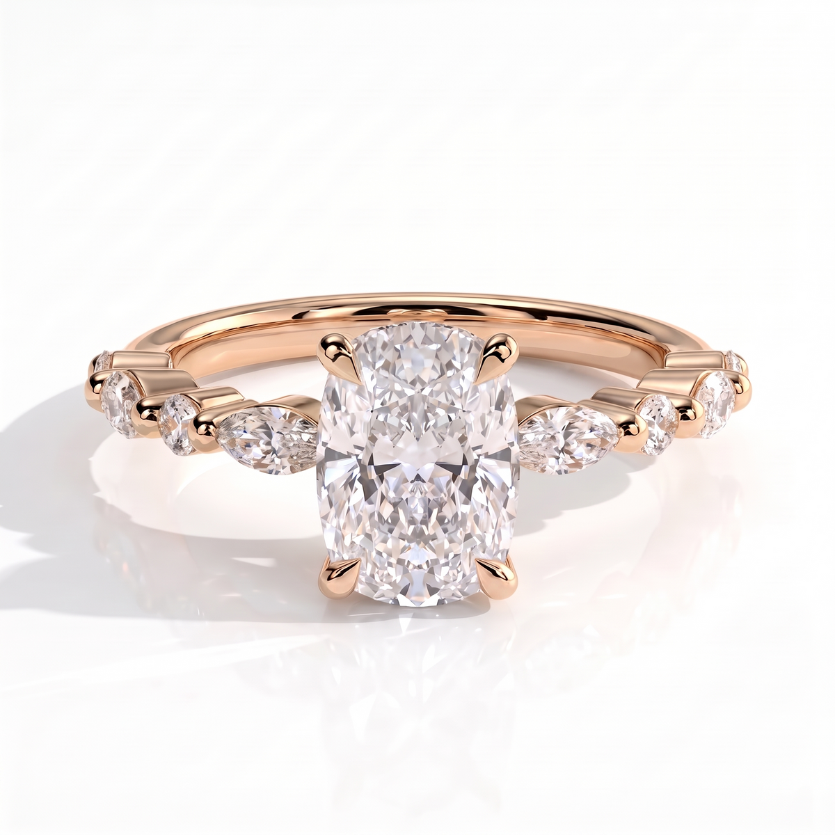 Elongated Cushion lab-grown diamond halo engagement ring in 14K (585) rose gold, front view