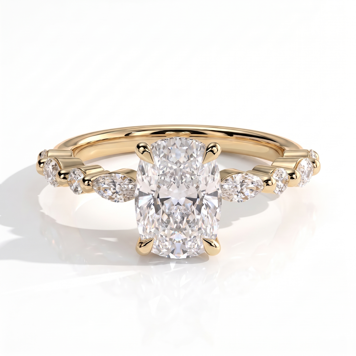 Elongated Cushion lab-grown diamond halo engagement ring in 14K (585) yellow gold, front view