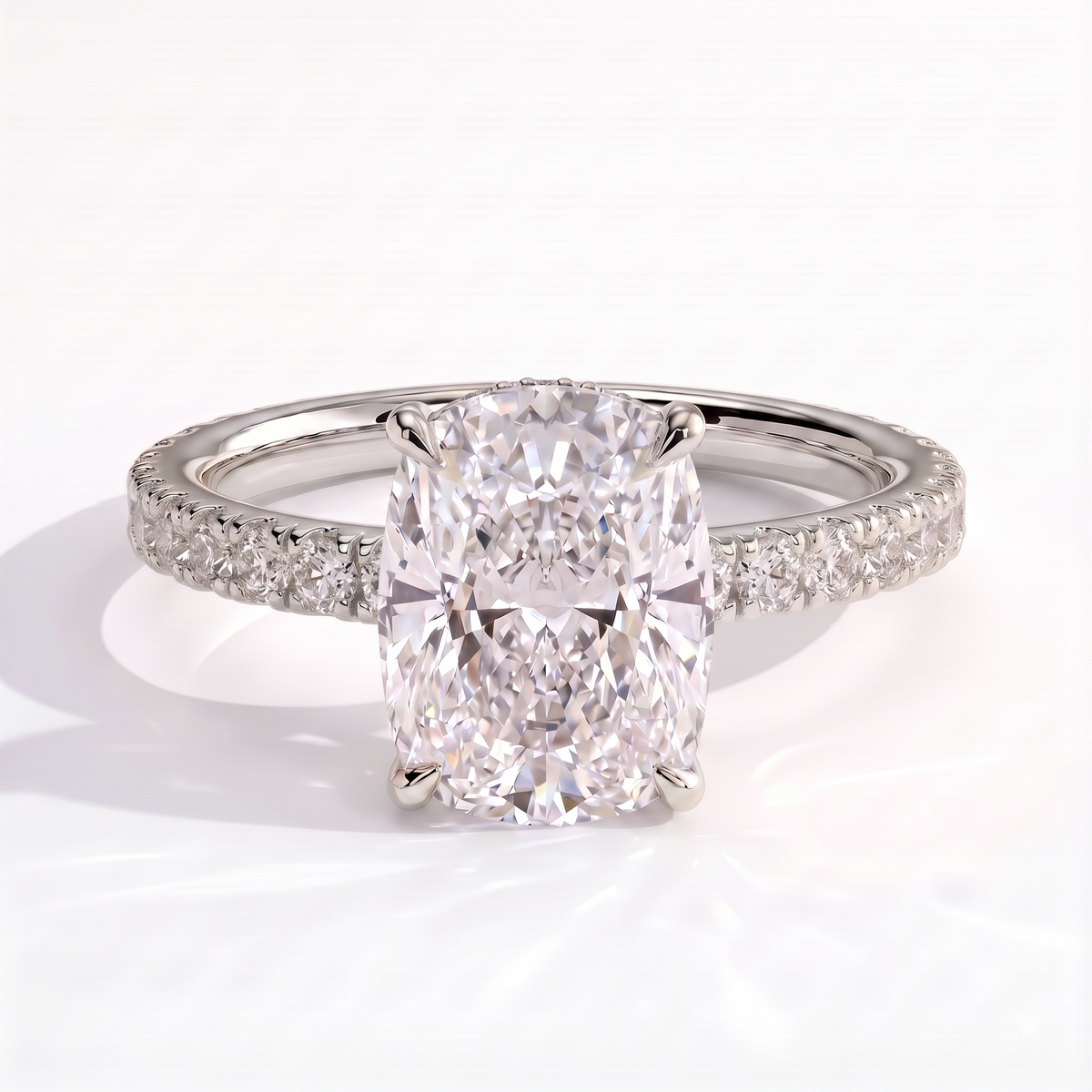 Elongated Cushion lab-grown diamond halo engagement ring in 18K (750) white gold, front view