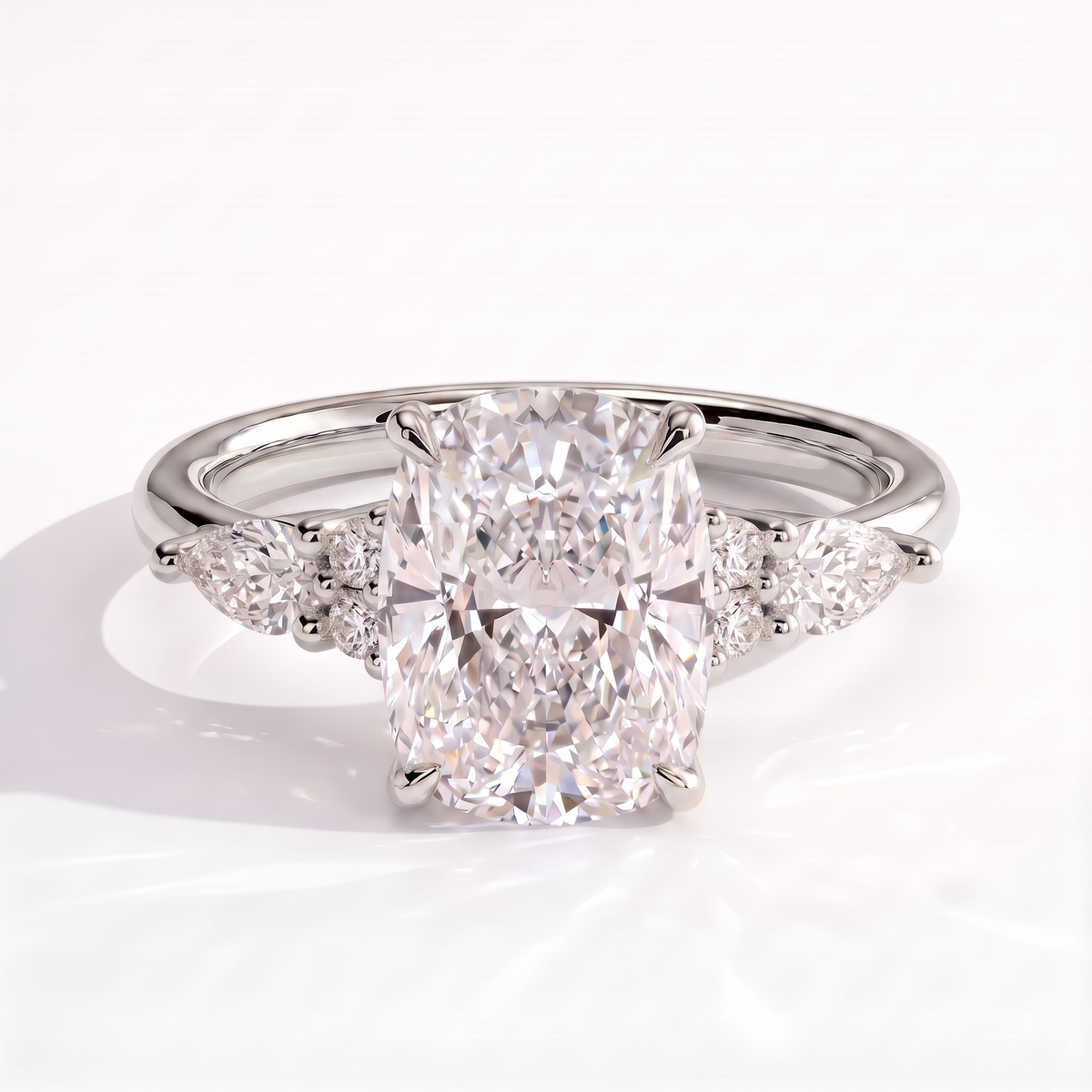 Elongated Cushion lab-grown diamond halo engagement ring in 14K (585) white gold, front view