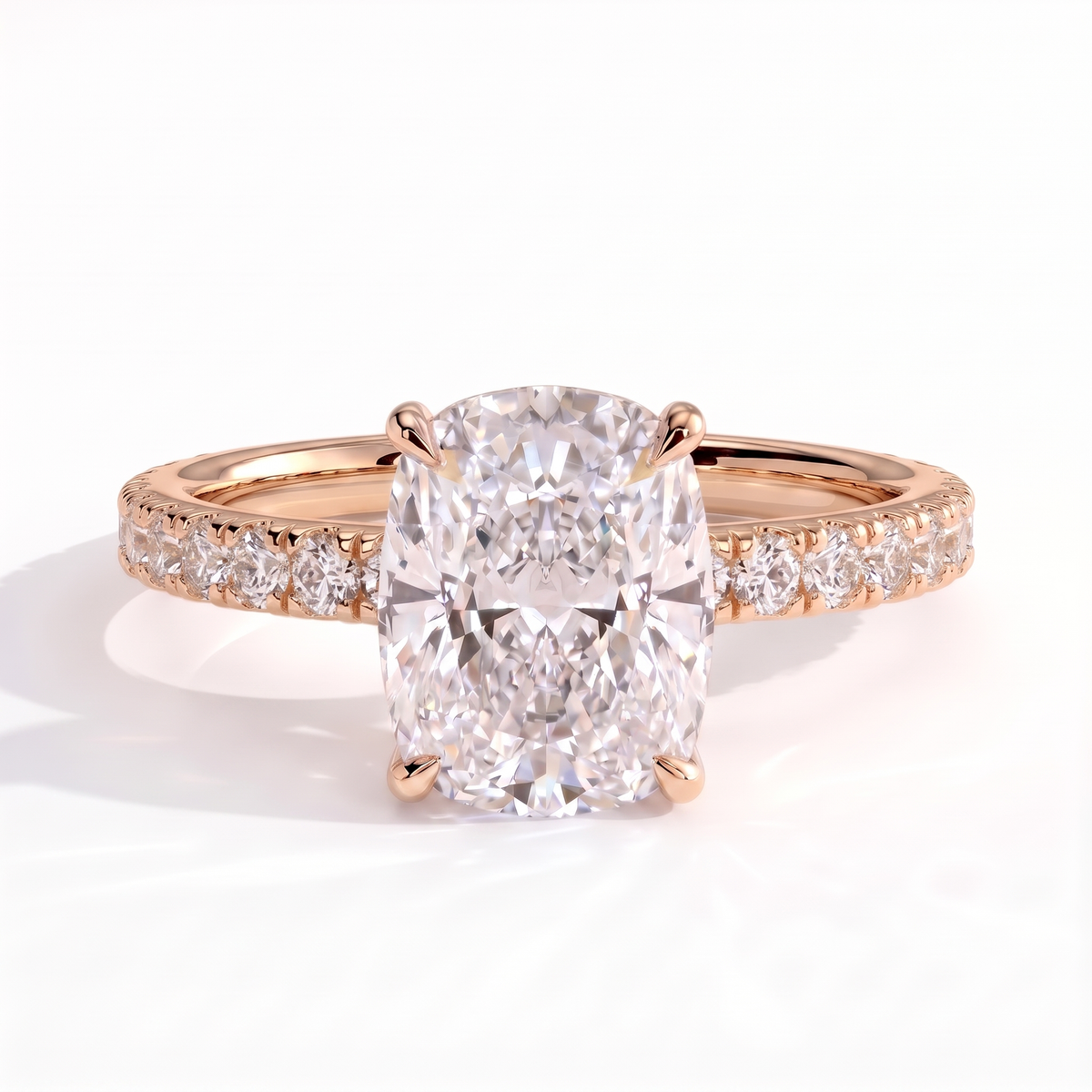 Elongated Cushion lab-grown diamond halo engagement ring in 14K (585) rose gold, front view