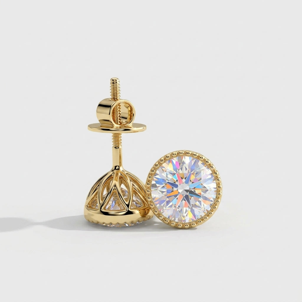 Isadora Round Diamond Milgrain Bezel Lotus Basket Stud Earrings