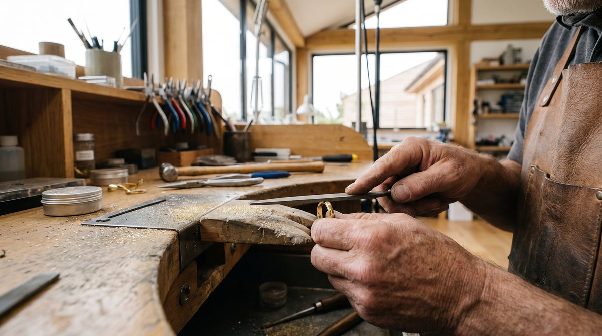 Goldsmith shaping a gold engagement ring by hand | BEUSÉA