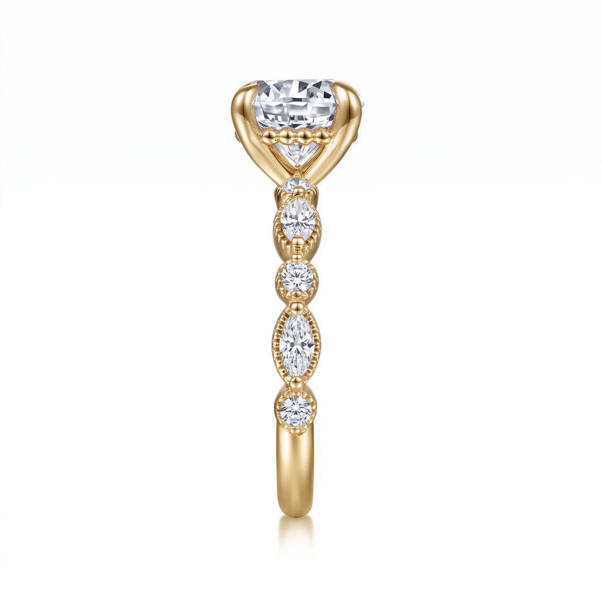 Round lab-grown diamond hidden halo engagement ring with vintage milgrain accent band in 18K (750) yellow gold, side view