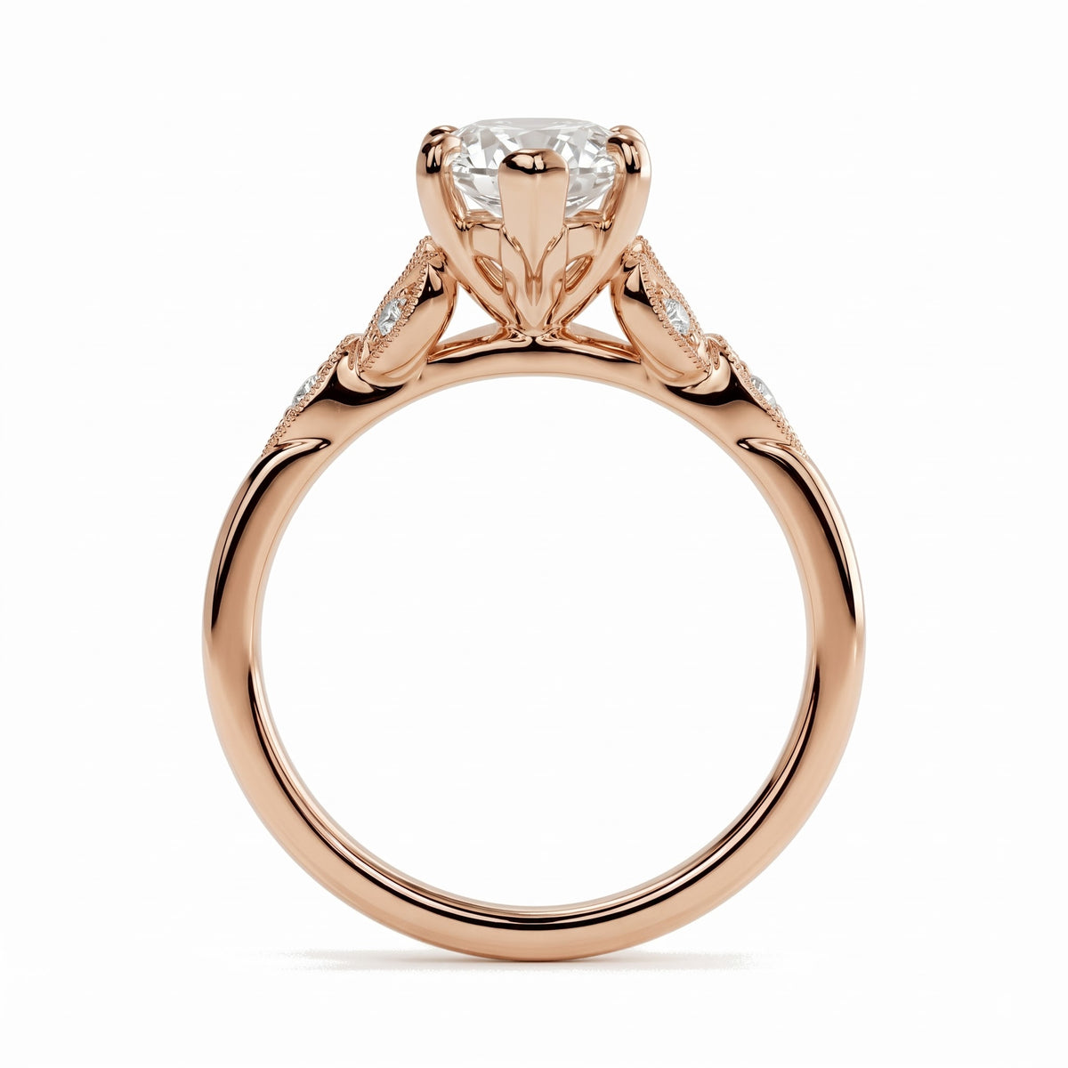 Marquise lab-grown diamond vintage leaf engagement ring with milgrain diamond accents in 14K (585) rose gold, profile view showing the gallery