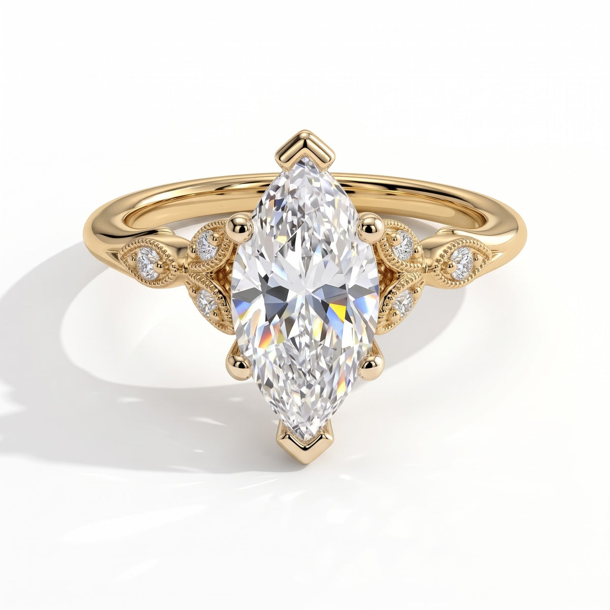 Marquise lab-grown diamond vintage leaf engagement ring with milgrain diamond accents in 18K (750) yellow gold, front view